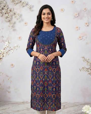 Navy Blue Ikat Print Kurti – Elegant Ethnic Straight Kurta for Women