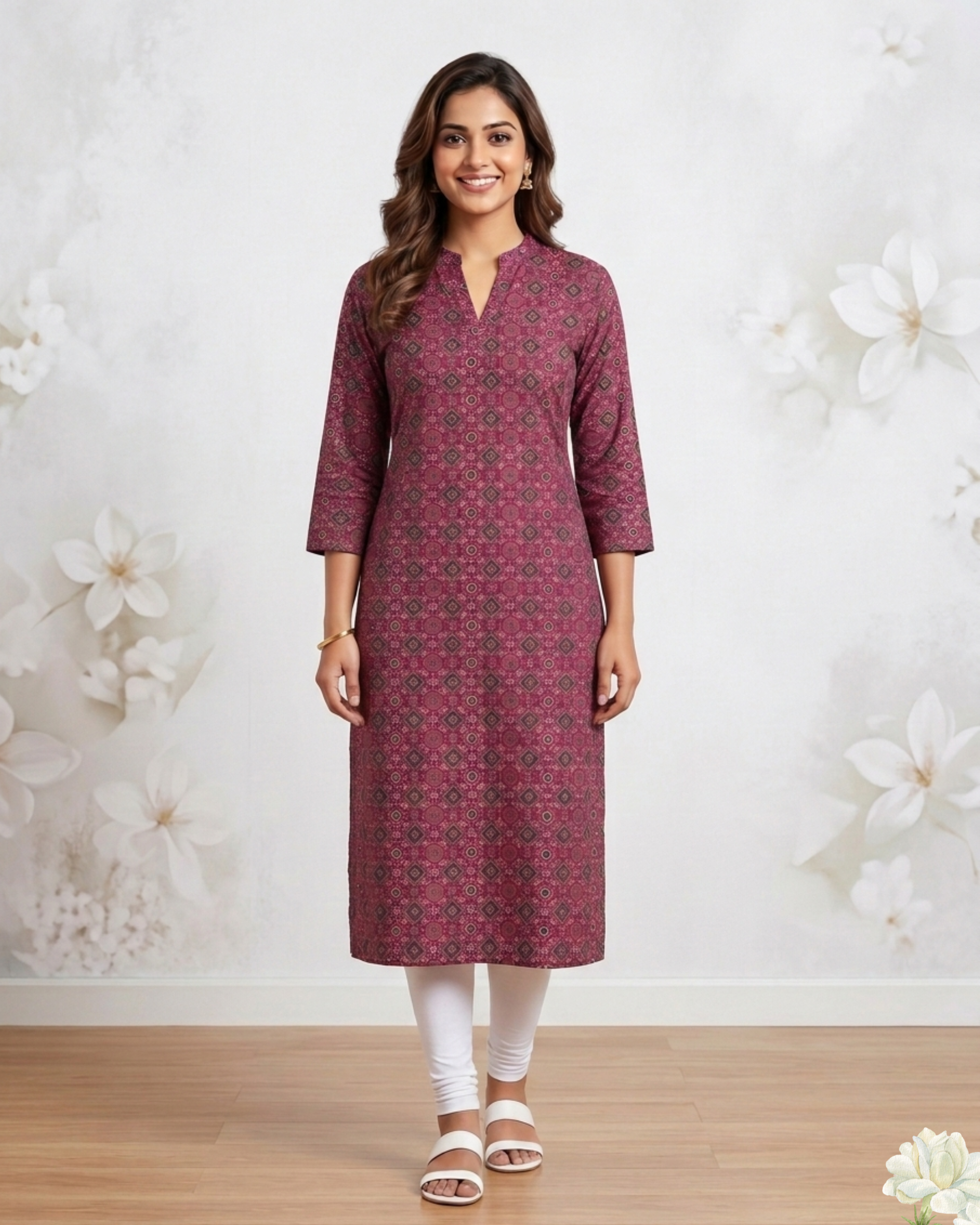 Elegant Maroon Printed Cotton Kurti for Women – Straight Fit Casual & Festive Wear