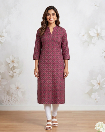 Elegant Maroon Printed Cotton Kurti for Women – Straight Fit Casual & Festive Wear