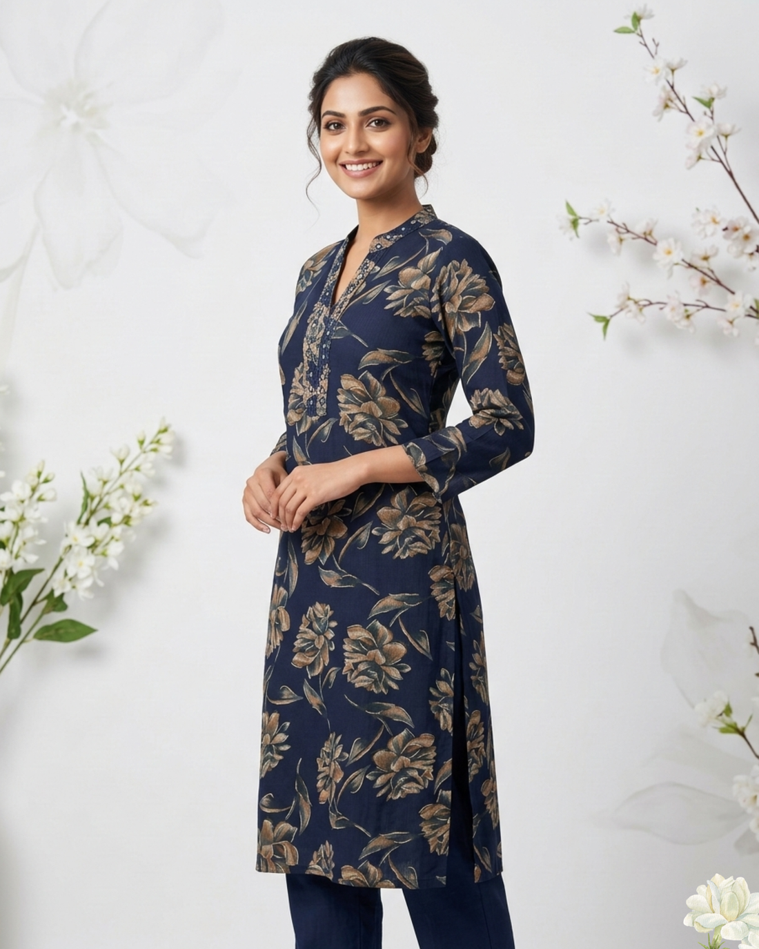 Elegant Navy Blue Floral Printed Kurti – Women’s Straight Fit Ethnic Kurta