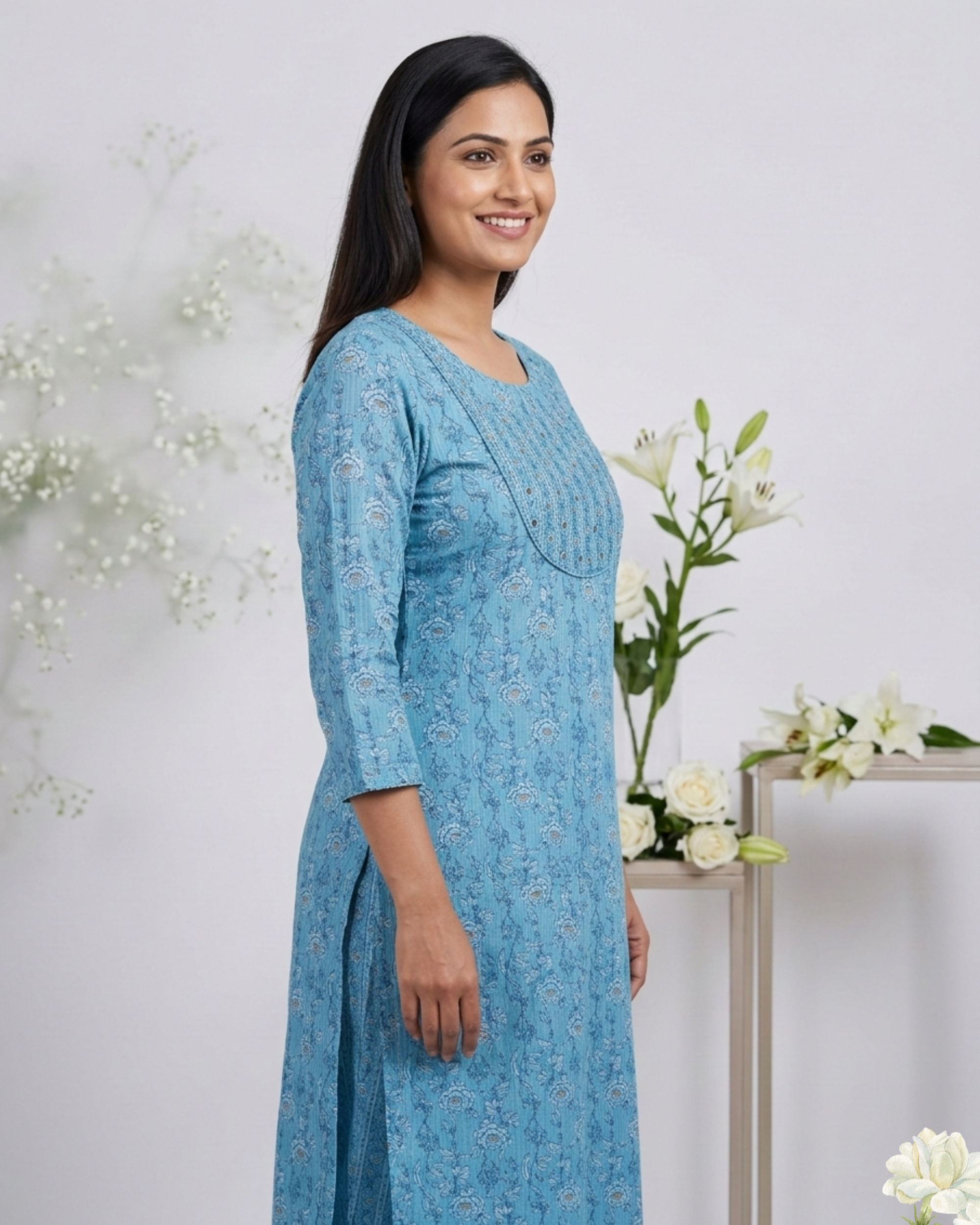 Sky Blue Ethnic Printed Mirror Work Cotton Kurti Set
