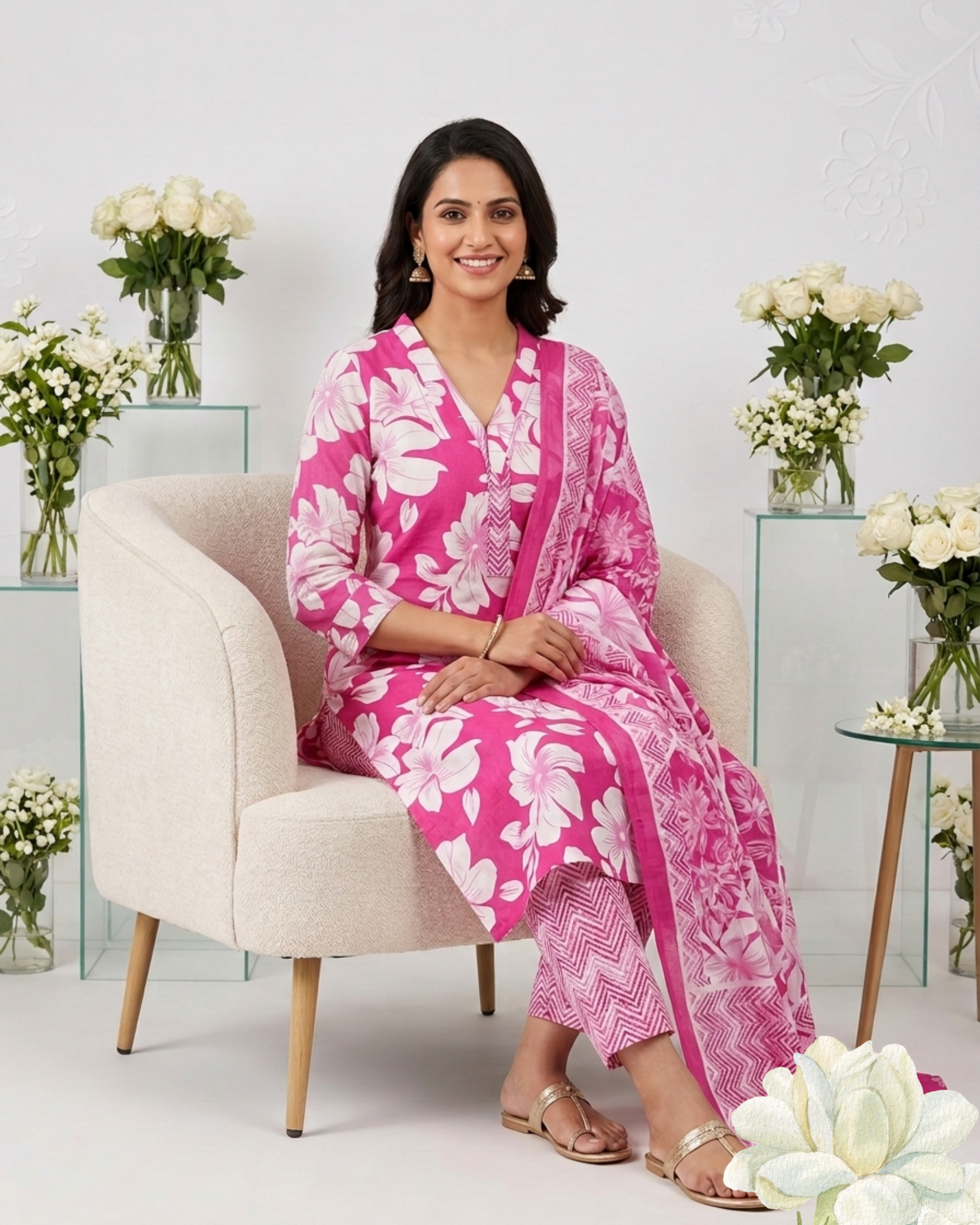 Pink Floral Printed Pure Cotton Kurti  Set with Dupatta