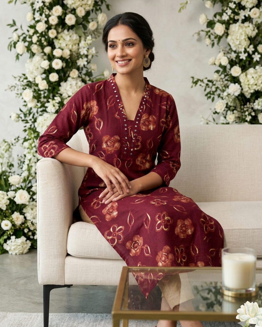 Maroon Floral Printed Straight Kurti – Elegant Ethnic Kurta for Women