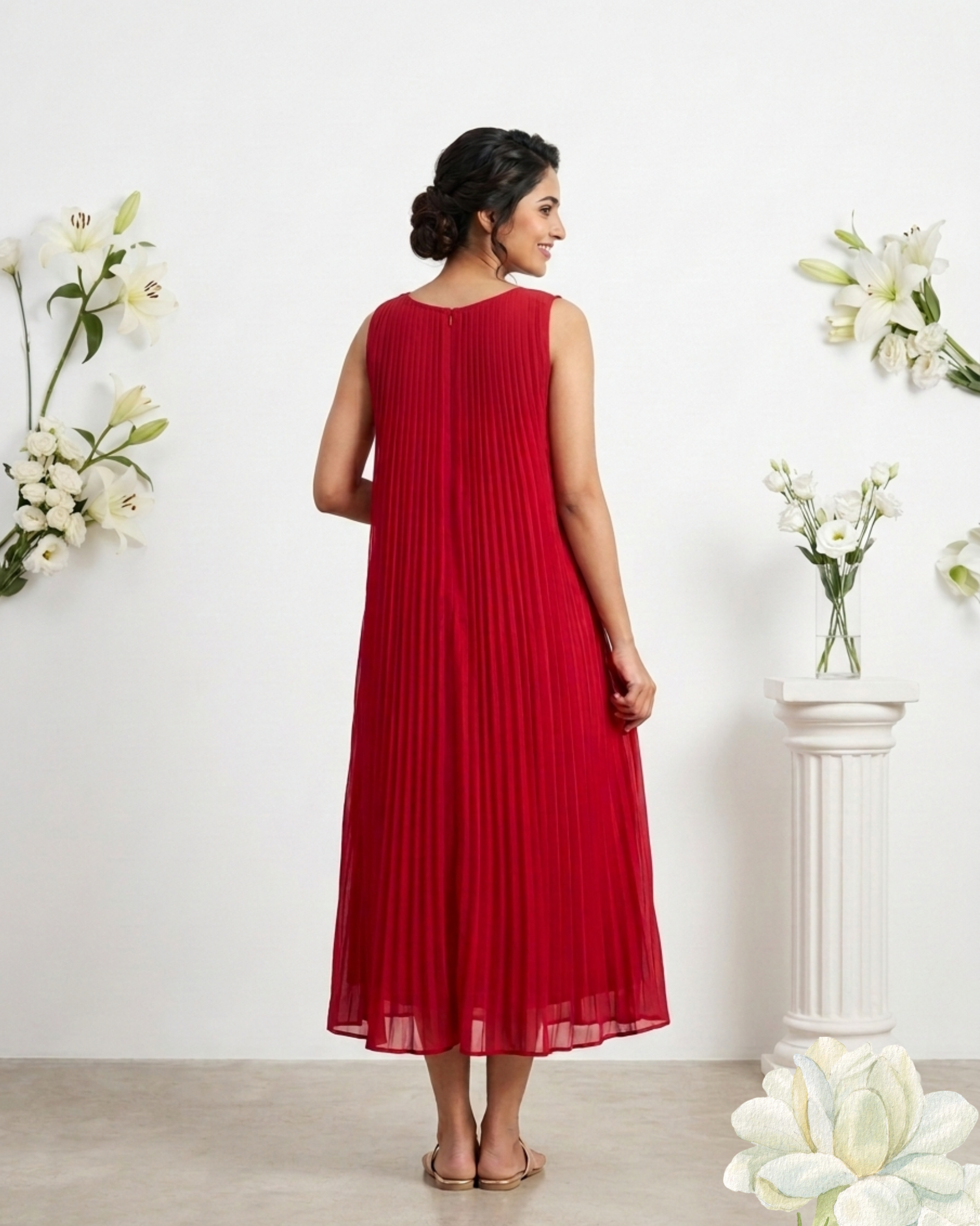 Red Pleated Hand Work Sleeveless Frock