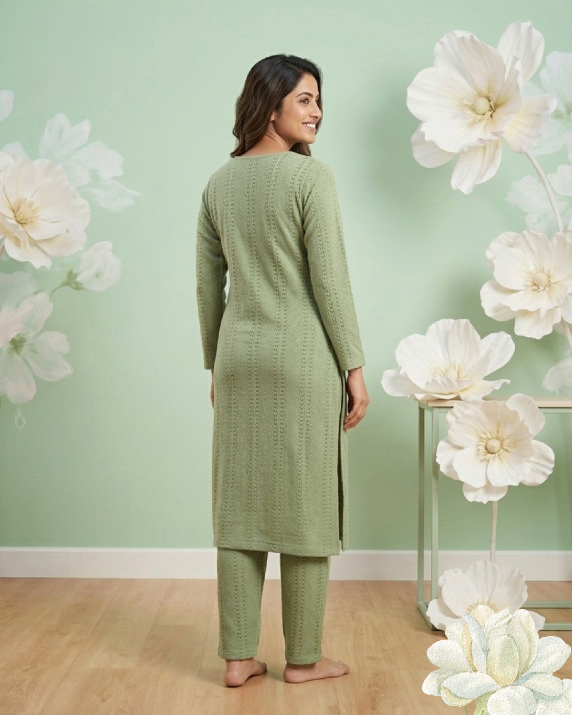 Elegant Sage Green Textured Kurta Pant Set for Women