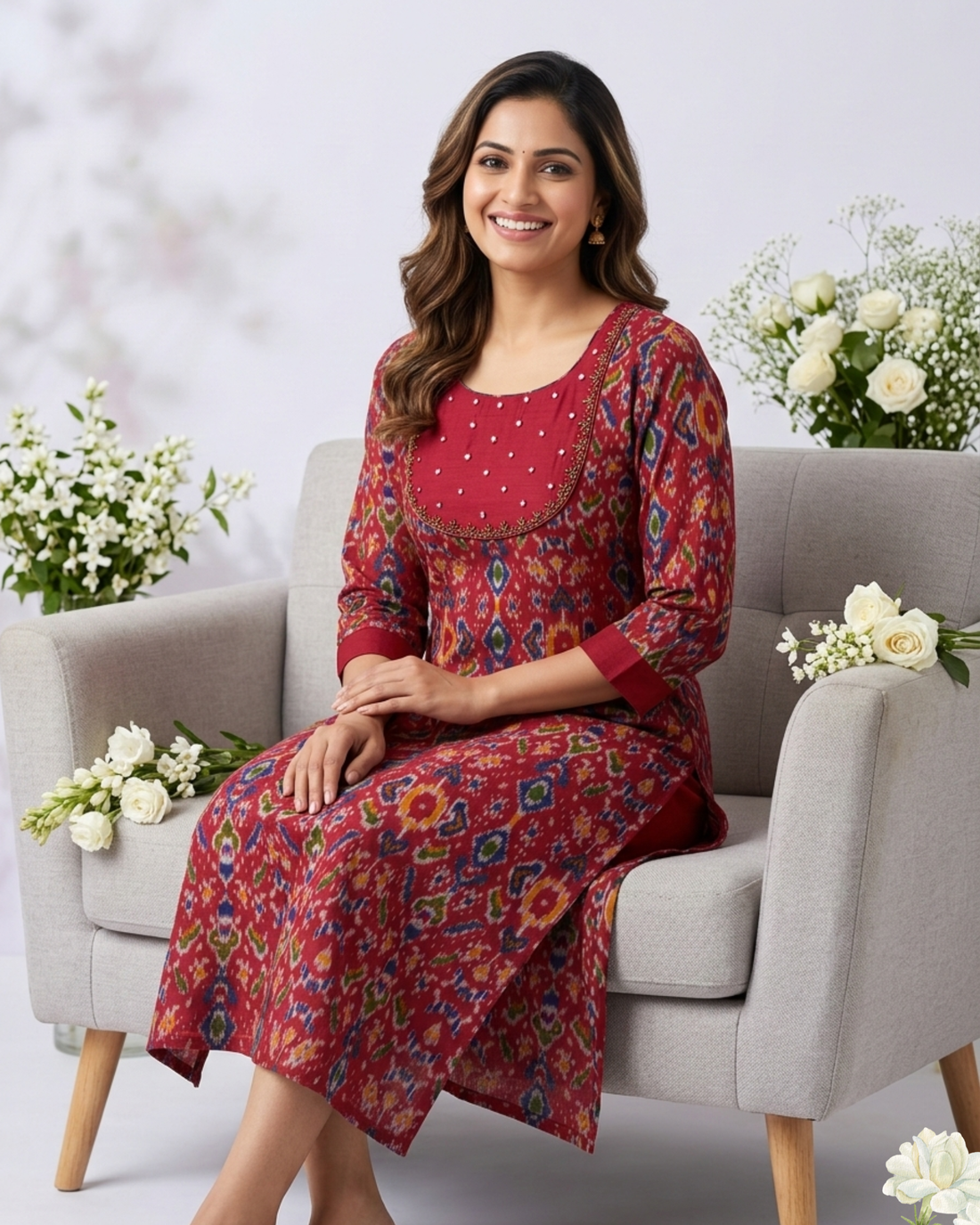 Maroon Ikat Print Straight Kurti – Stylish Ethnic Kurta for Women