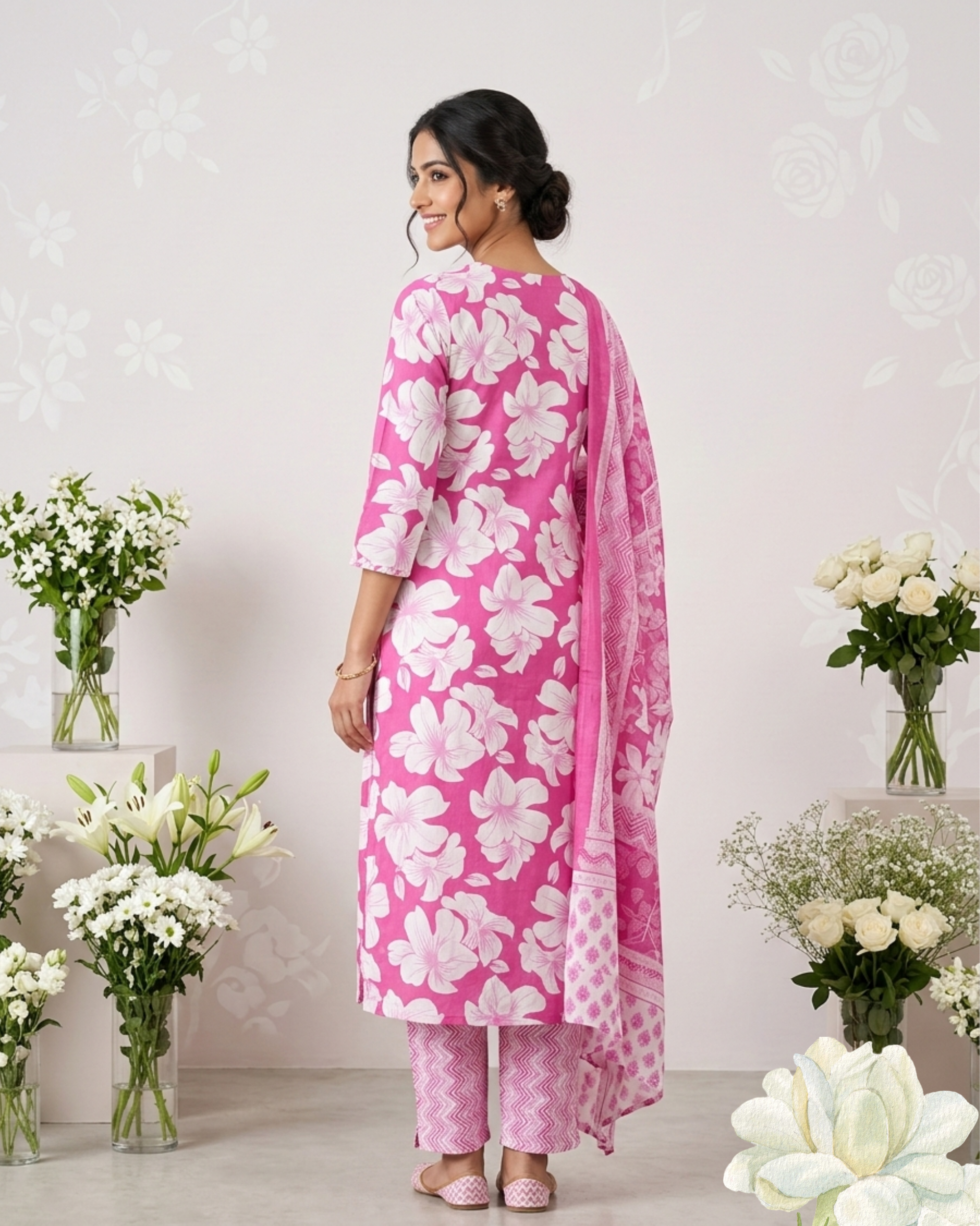 Pink Floral Printed Pure Cotton Kurti  Set with Dupatta