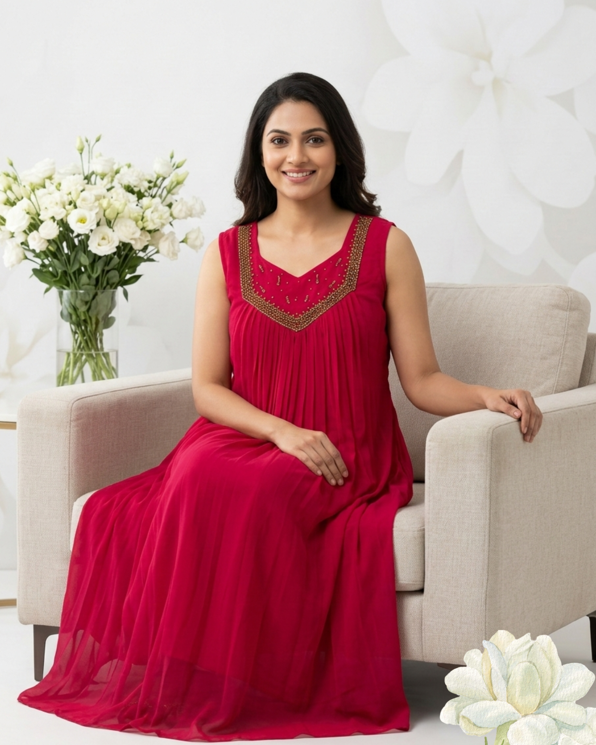 Red Pleated Hand Work Sleeveless Frock