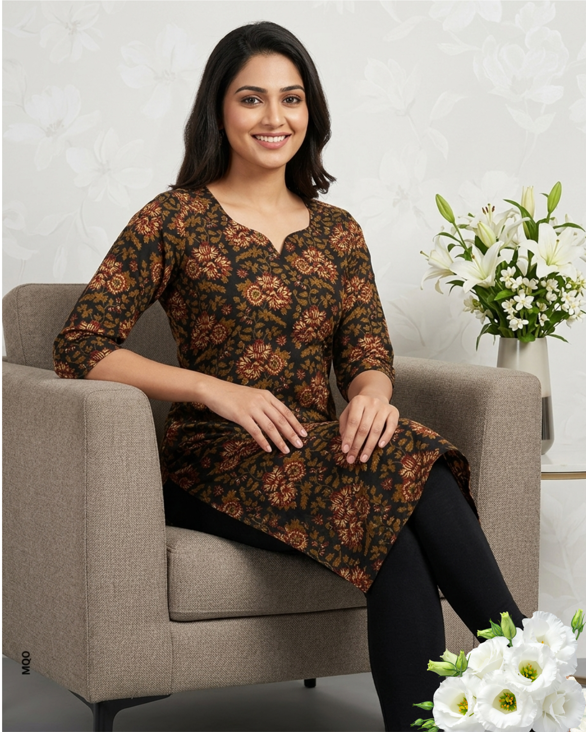 Brown & Orange Floral Printed Straight Cotton Kurti