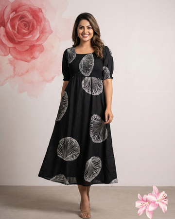 Premium Black Leaf Print Flowy Rayon Cotton Maxi Dress