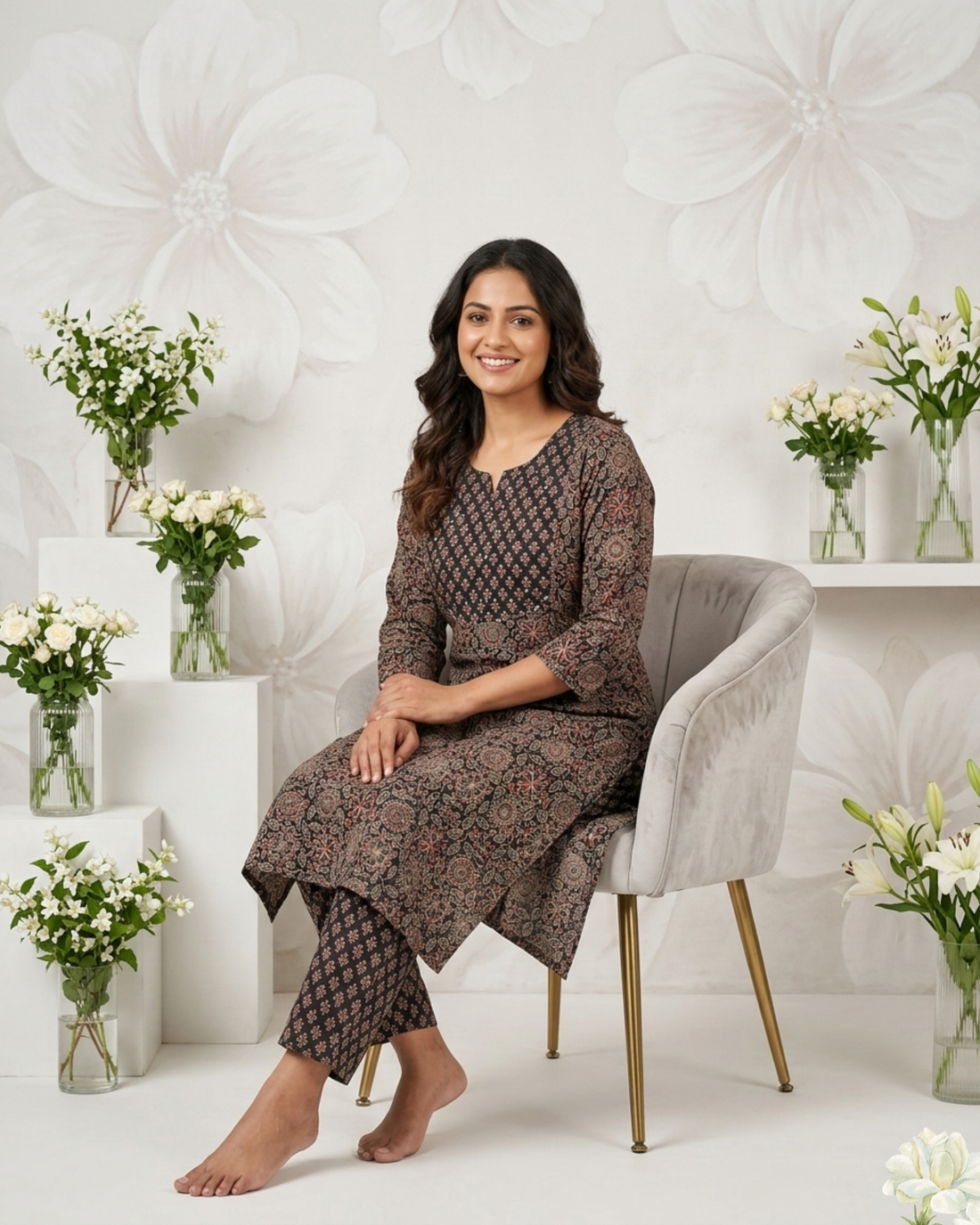 Elegant Floral Printed Straight Kurti Set for Women – 3/4 Sleeve Ethnic Wear