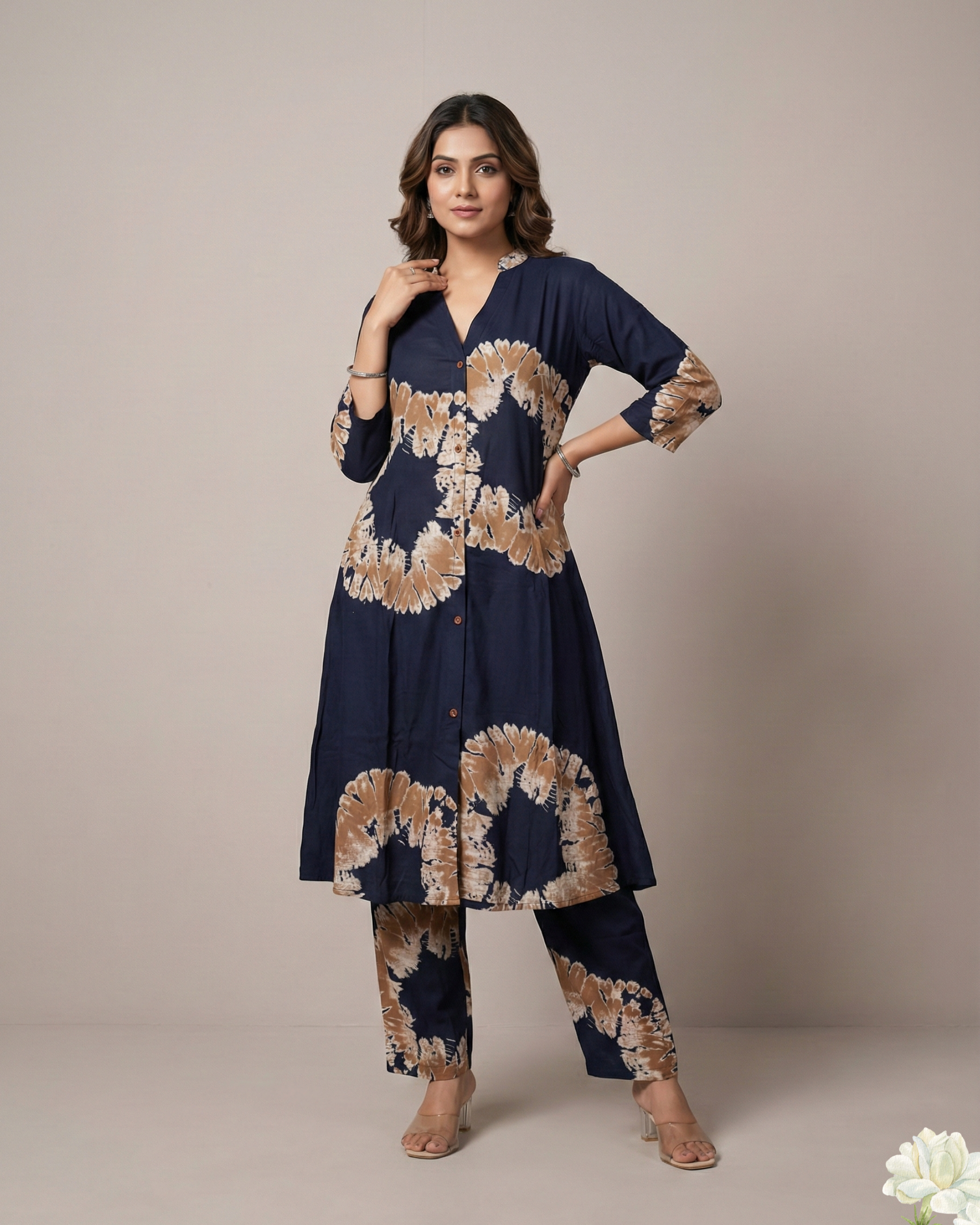 Navy Blue & Orange V - Neck Floral Printed Kurti  Set