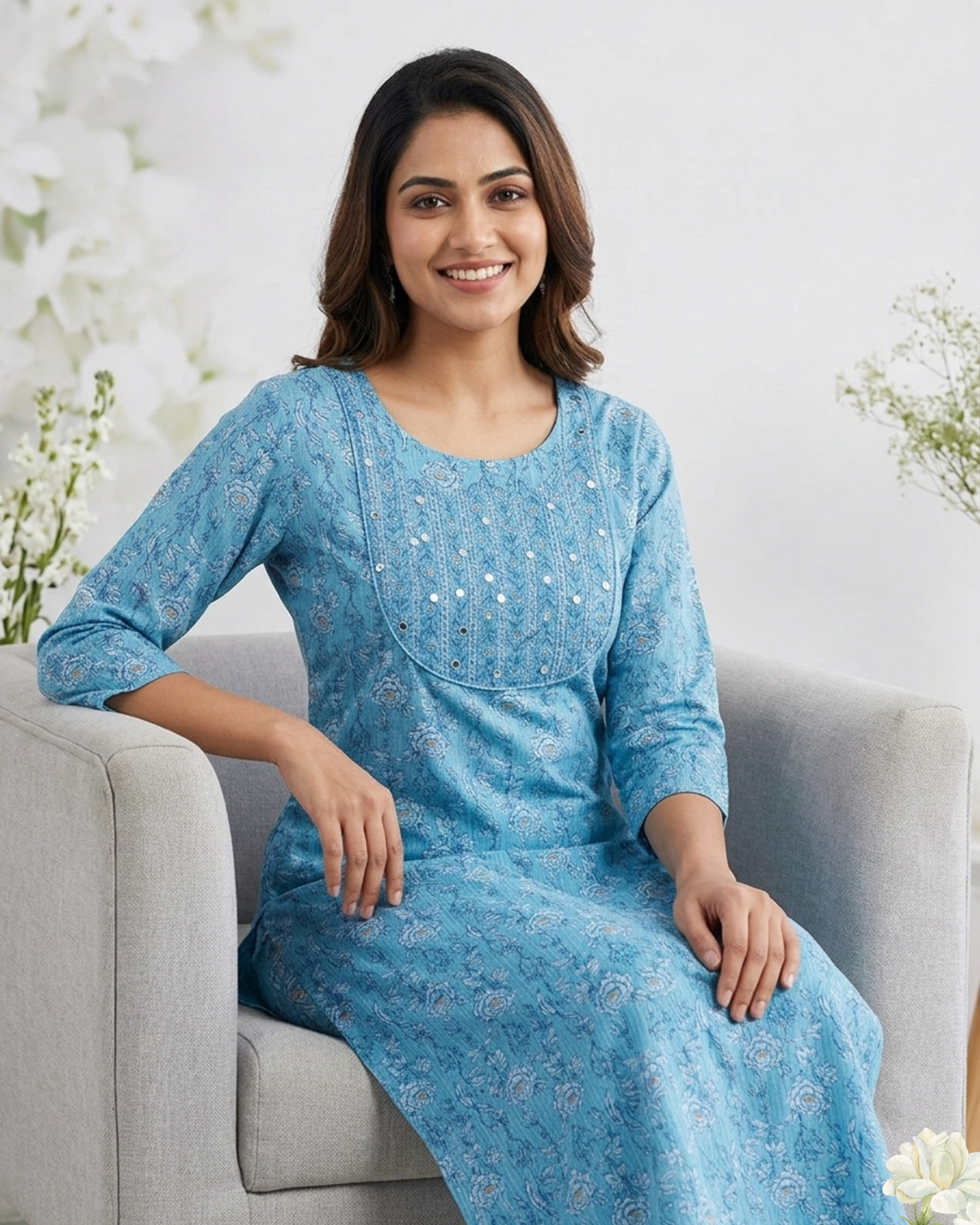 Elegant Sky Blue Ethnic Printed Kurta Pant Set for Women ✨