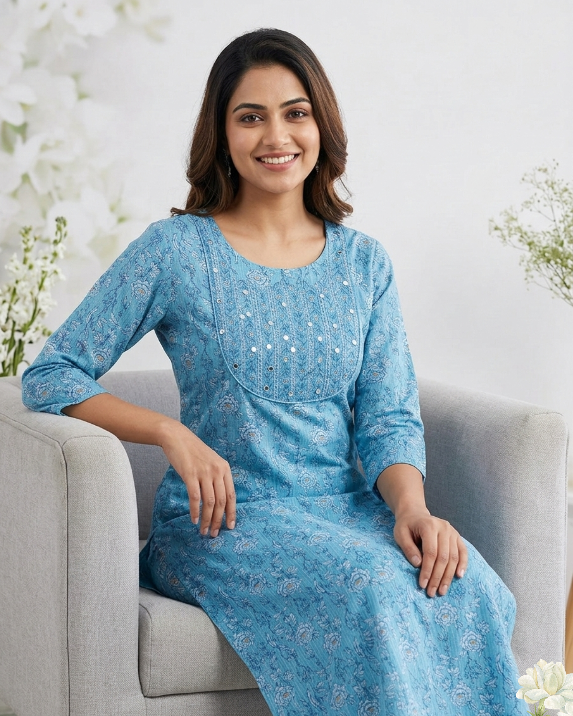 Sky Blue Ethnic Printed Mirror Work Cotton Kurti Set