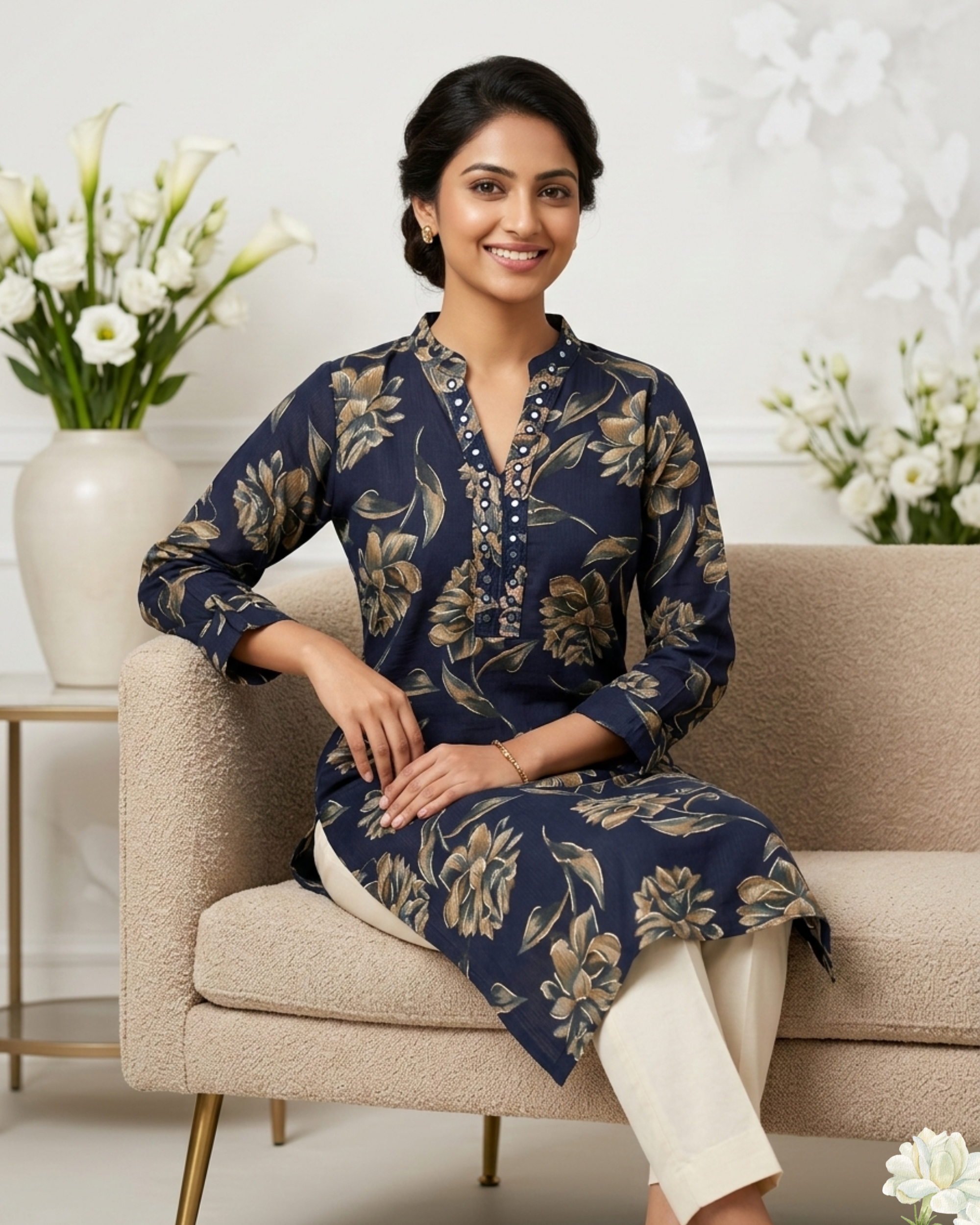 Elegant Navy Blue Floral Printed Kurti – Women’s Straight Fit Ethnic Kurta