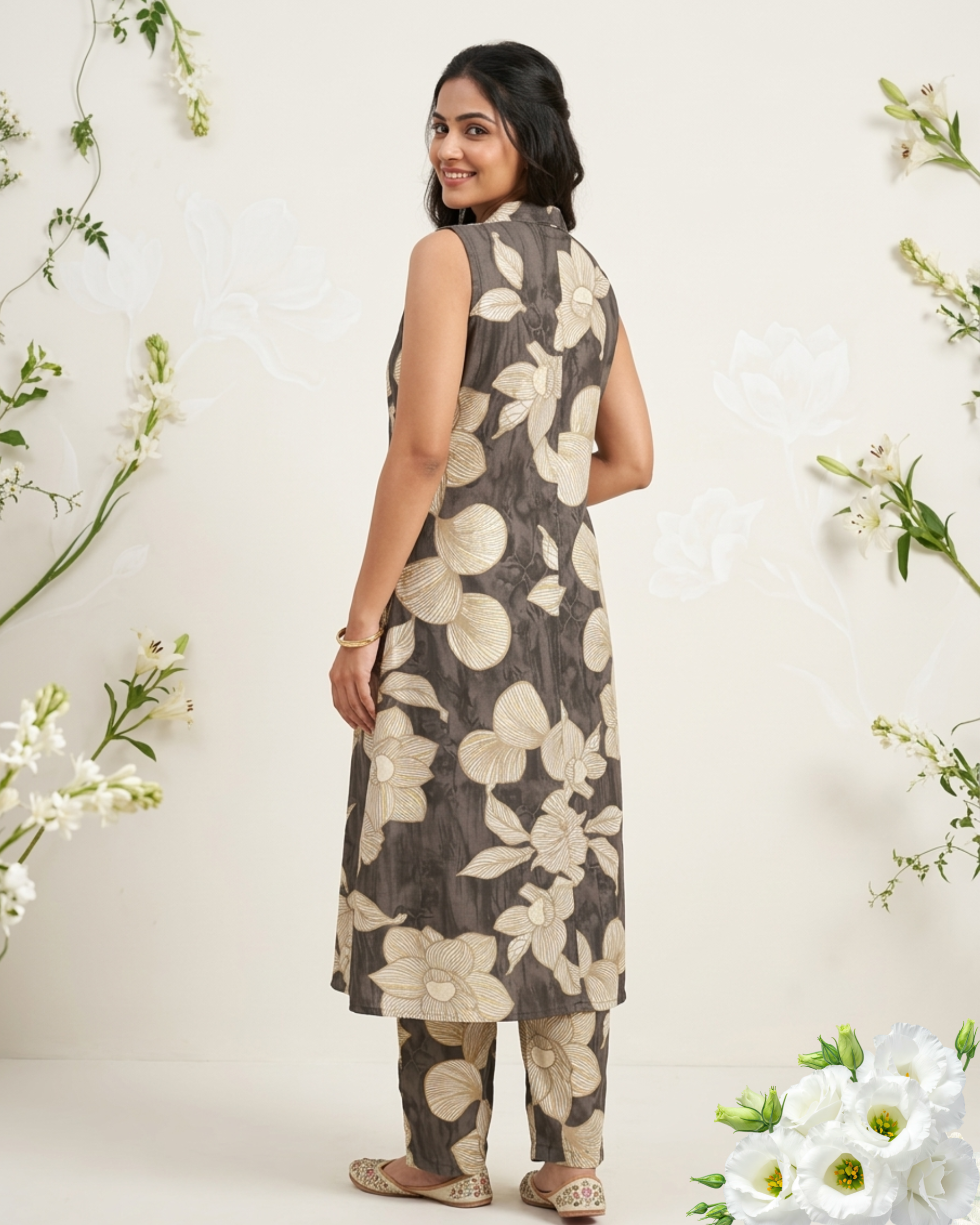 Olive Green Floral Printed Sleeveless Rayon Kurti Set