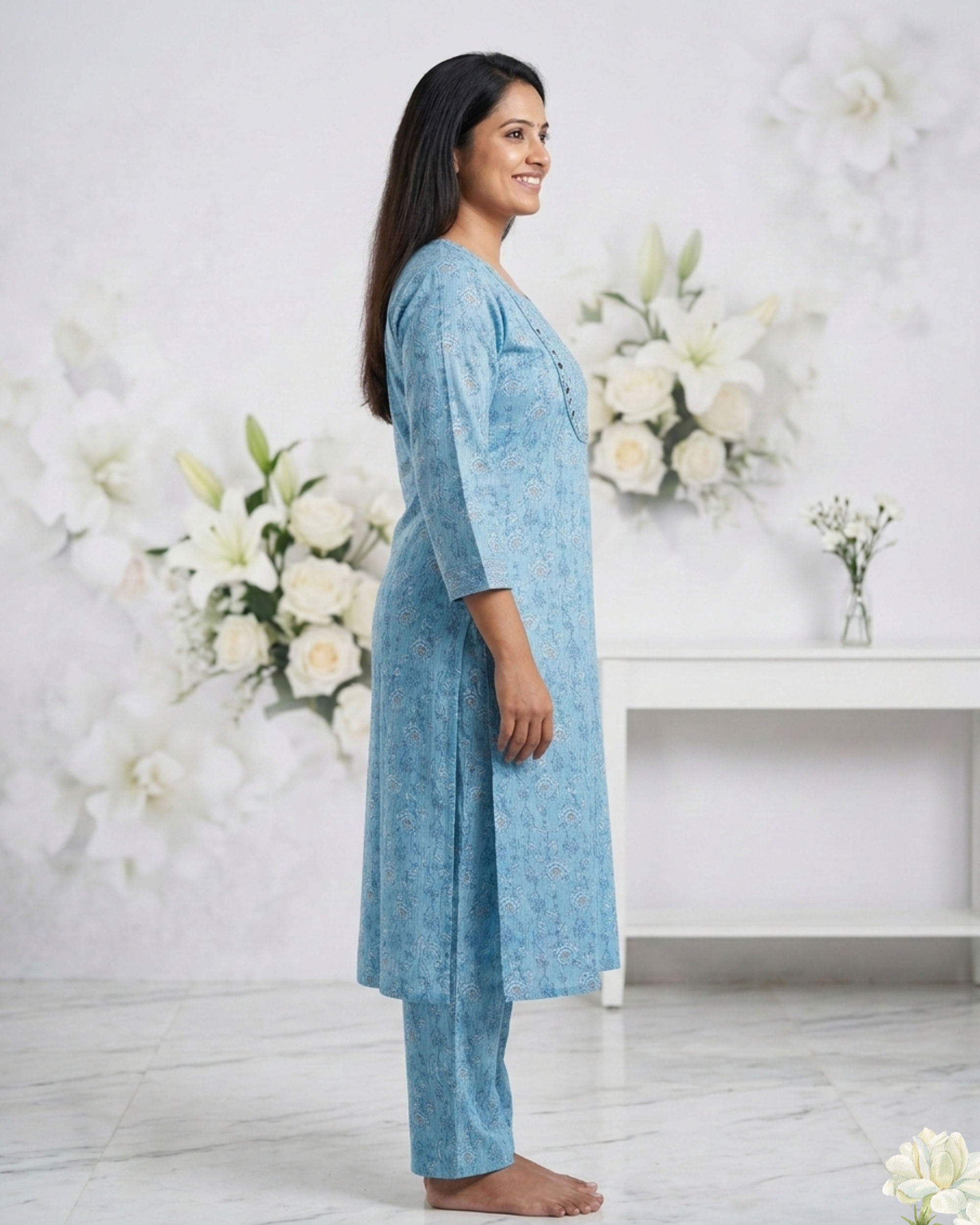 Sky Blue Ethnic Printed Mirror Work Cotton Kurti Set