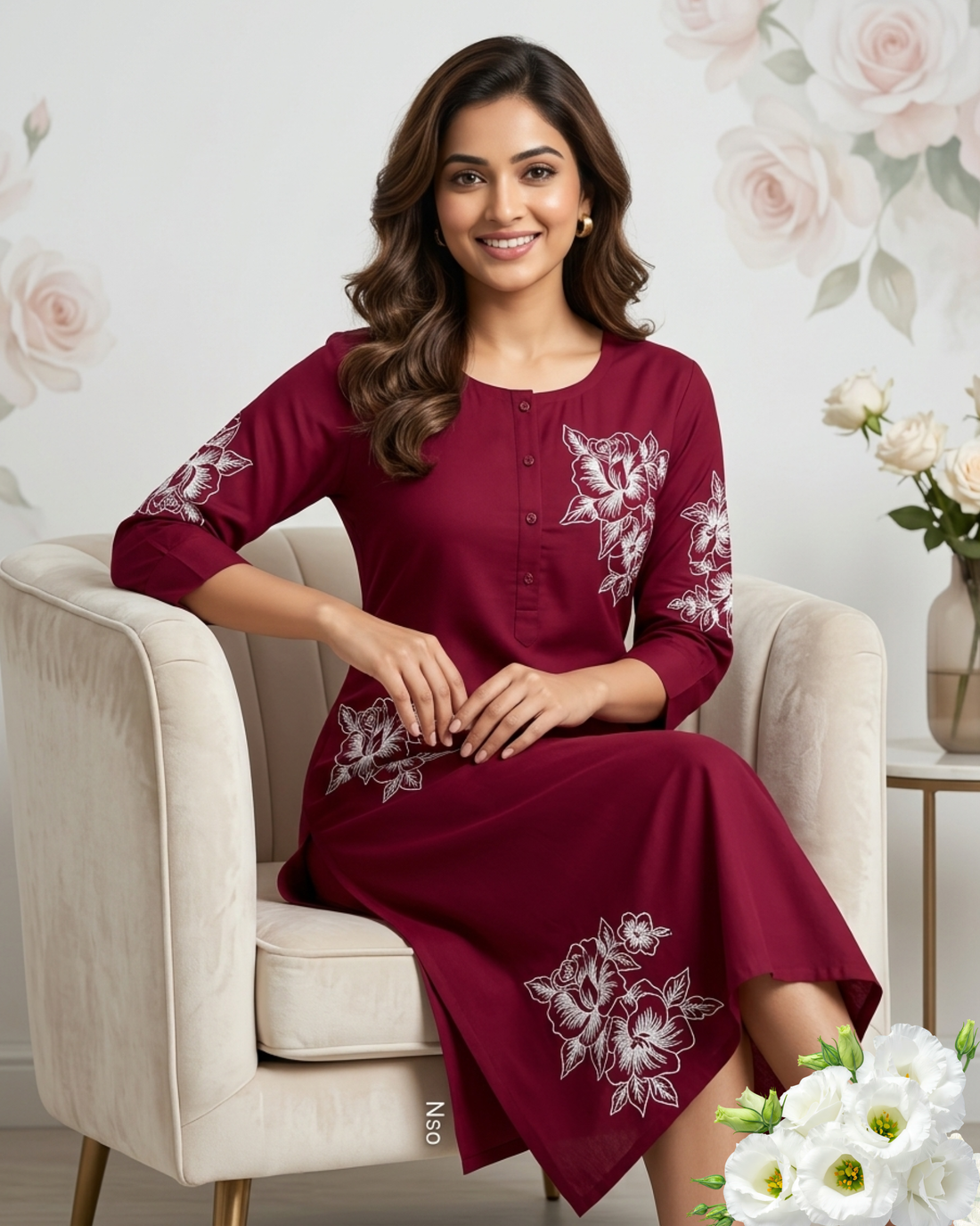 Elegant Wine Floral Embroidered Straight Kurti for Women – Premium Daily & Office Wear