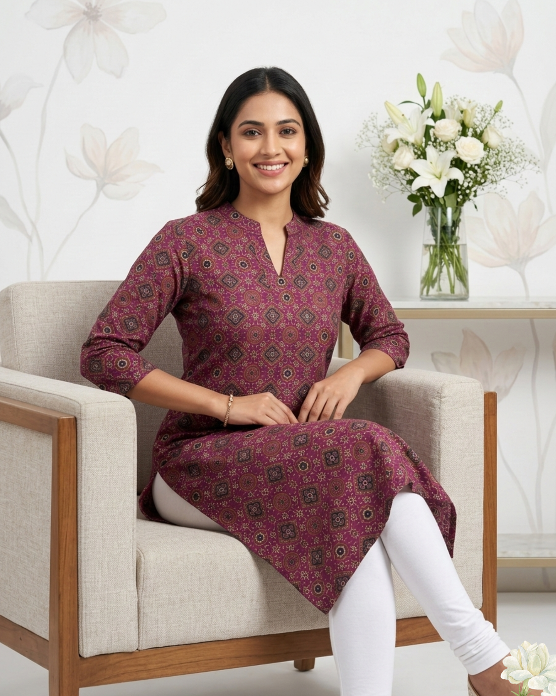 Elegant Maroon Printed Cotton Kurti for Women – Straight Fit Casual & Festive Wear