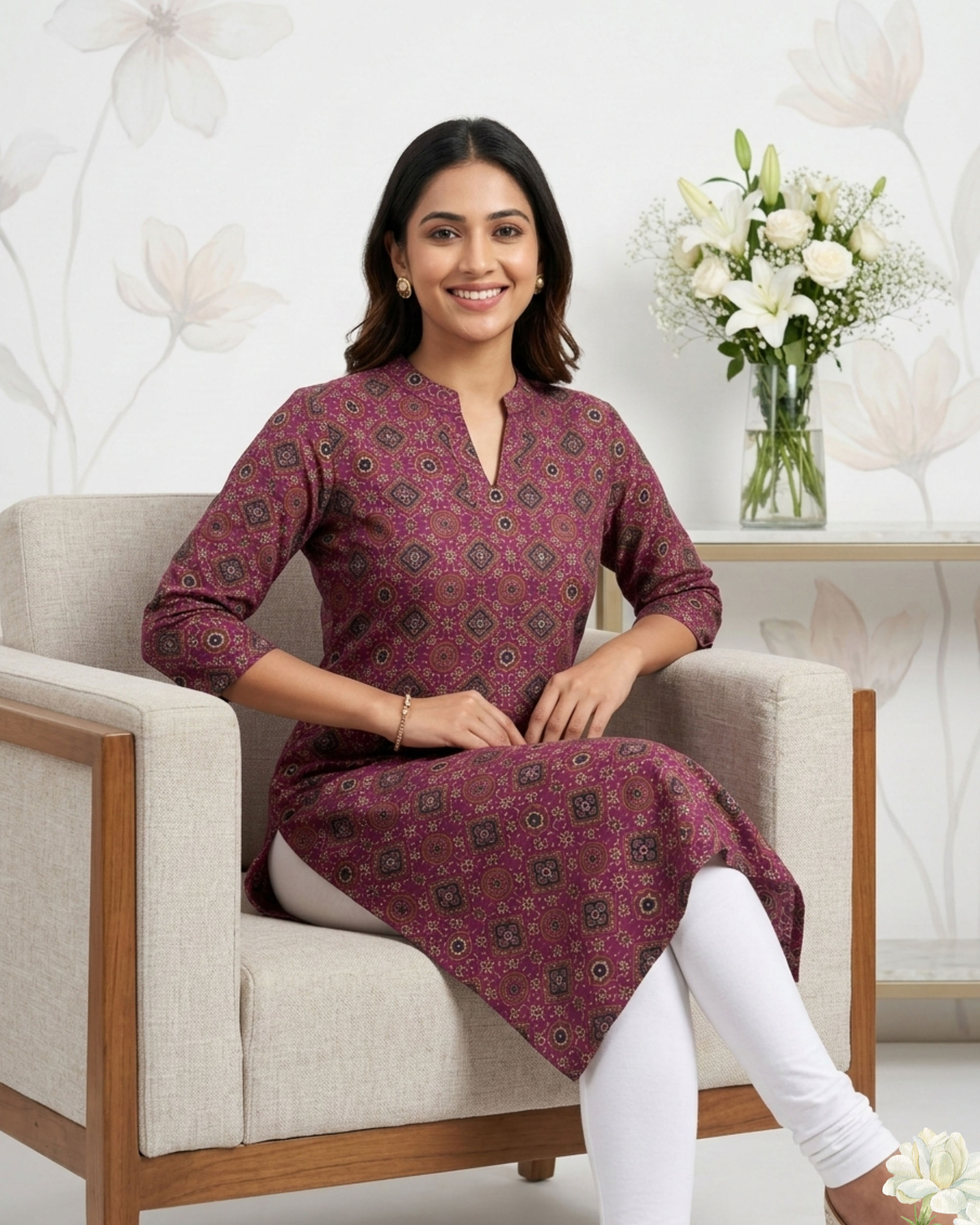 Elegant Maroon Printed Cotton Kurti for Women – Straight Fit Casual & Festive Wear