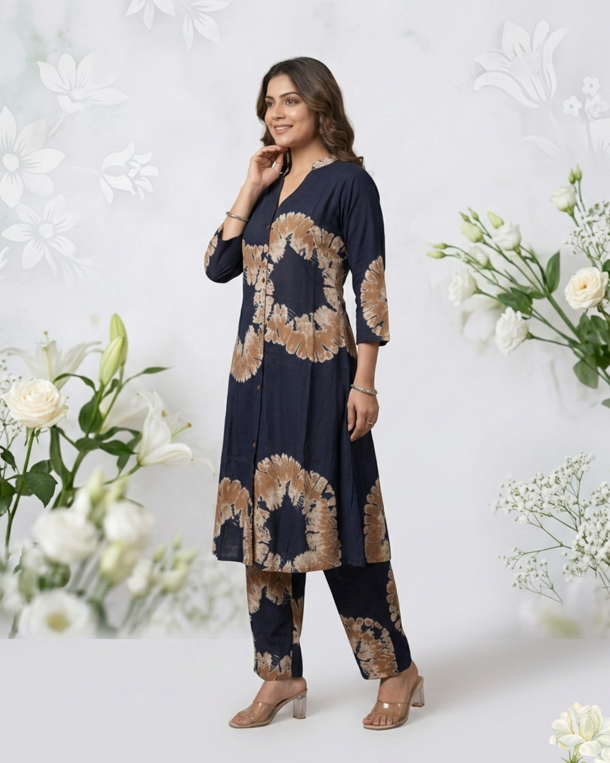 Navy Blue & Orange V - Neck Floral Printed Kurti  Set