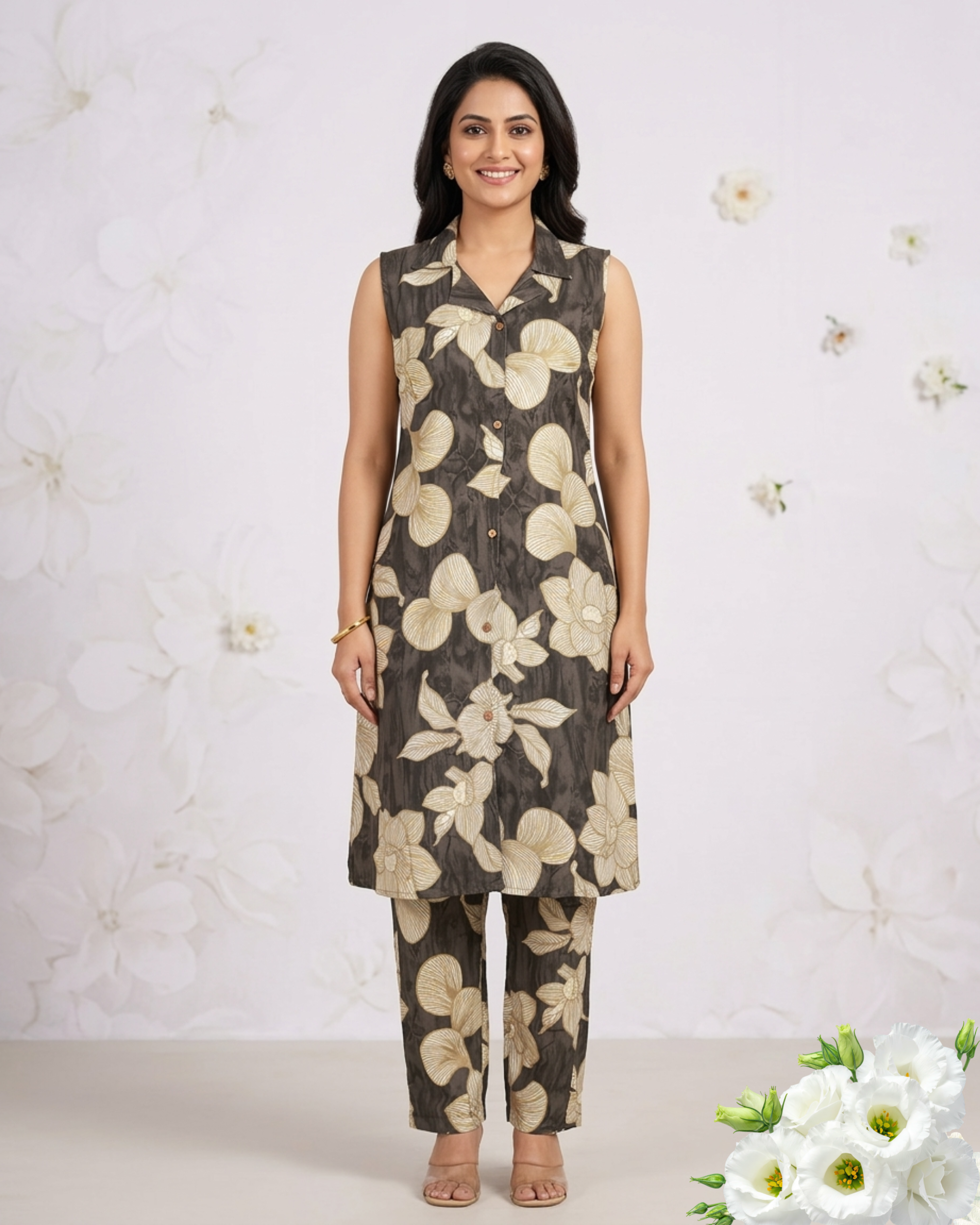 Olive Green Floral Printed Sleeveless Rayon Kurti Set
