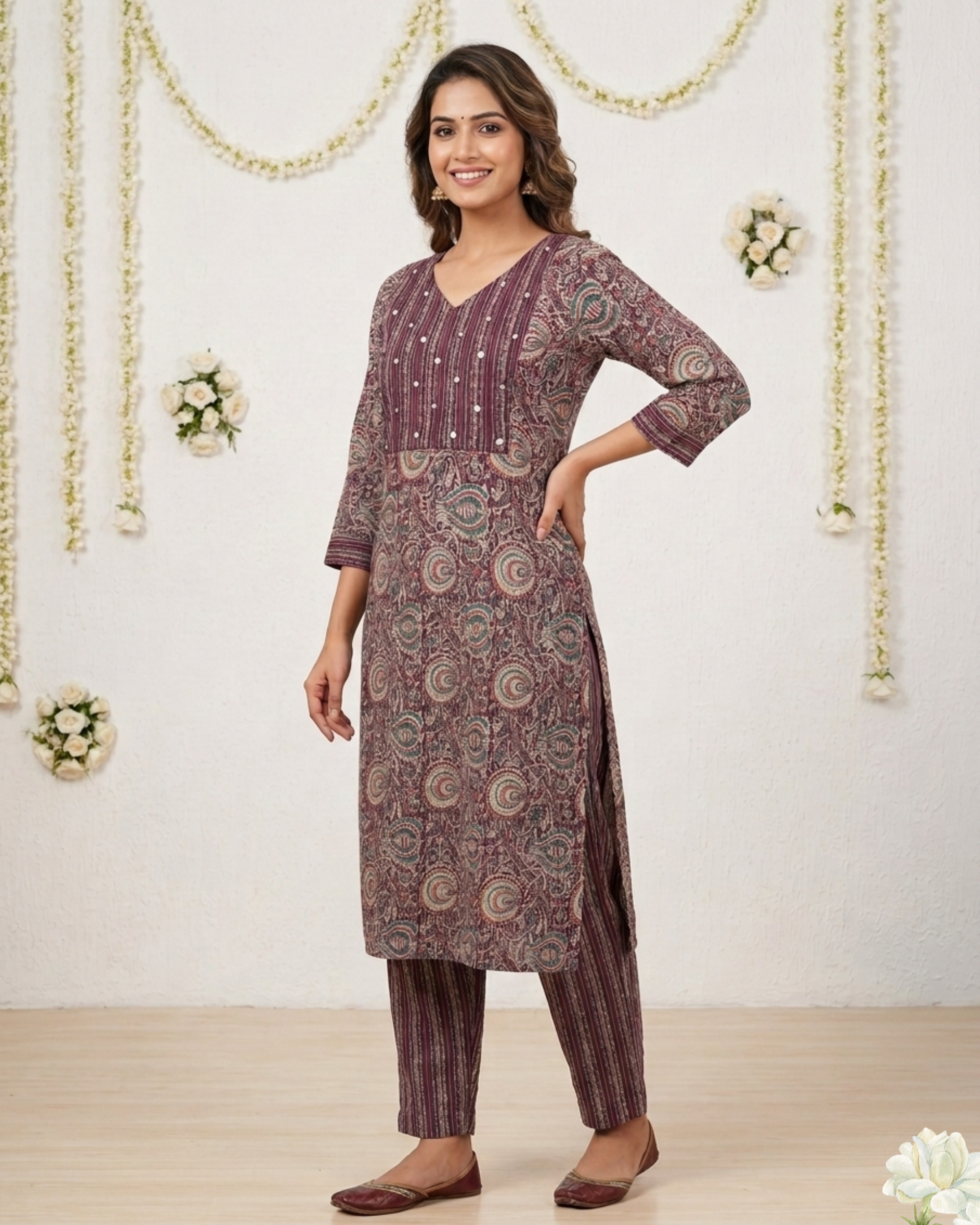 Purple Kalamkari Printed Mirror work Cotton Kurta Set