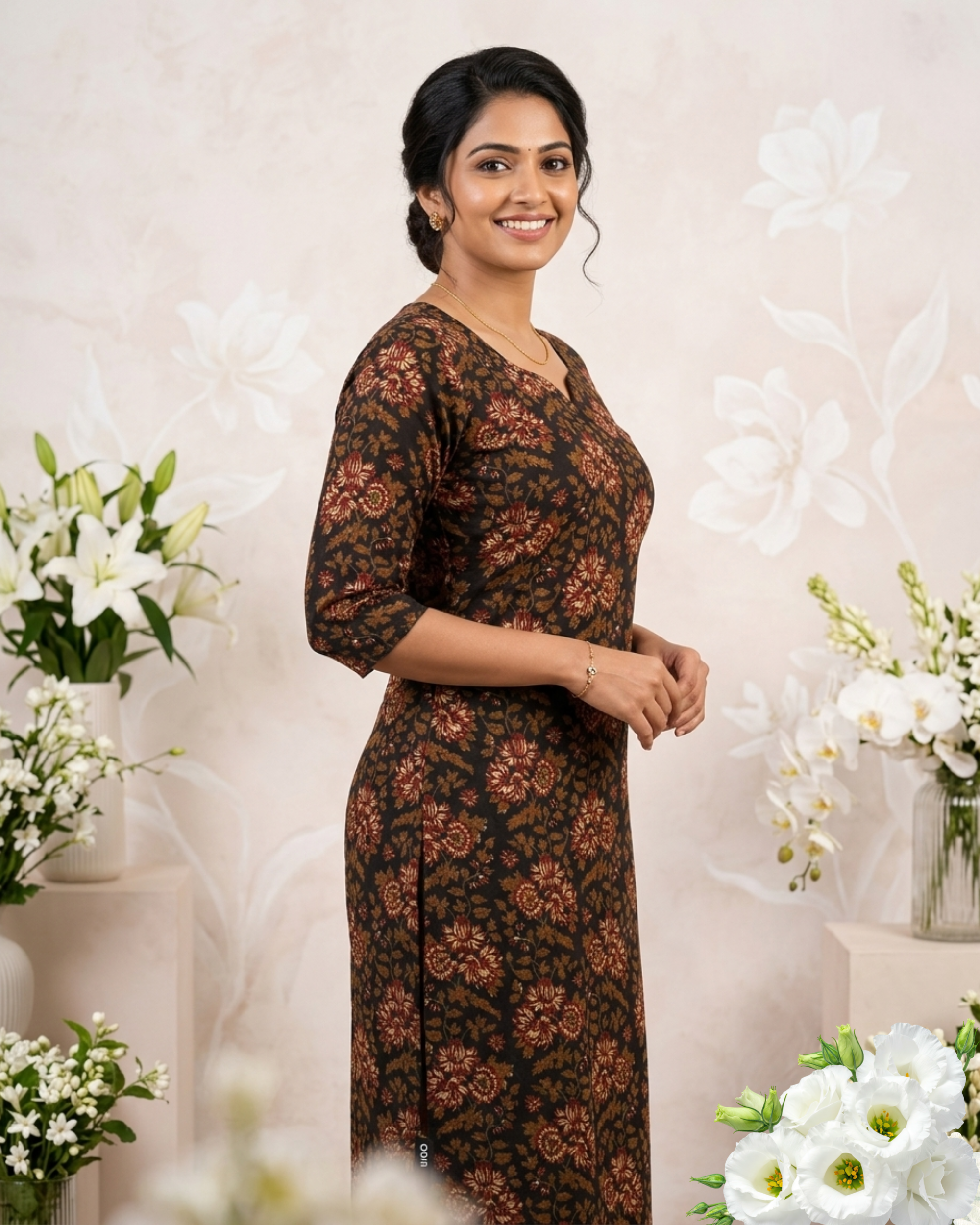 Brown & Orange Floral Printed Straight Cotton Kurti