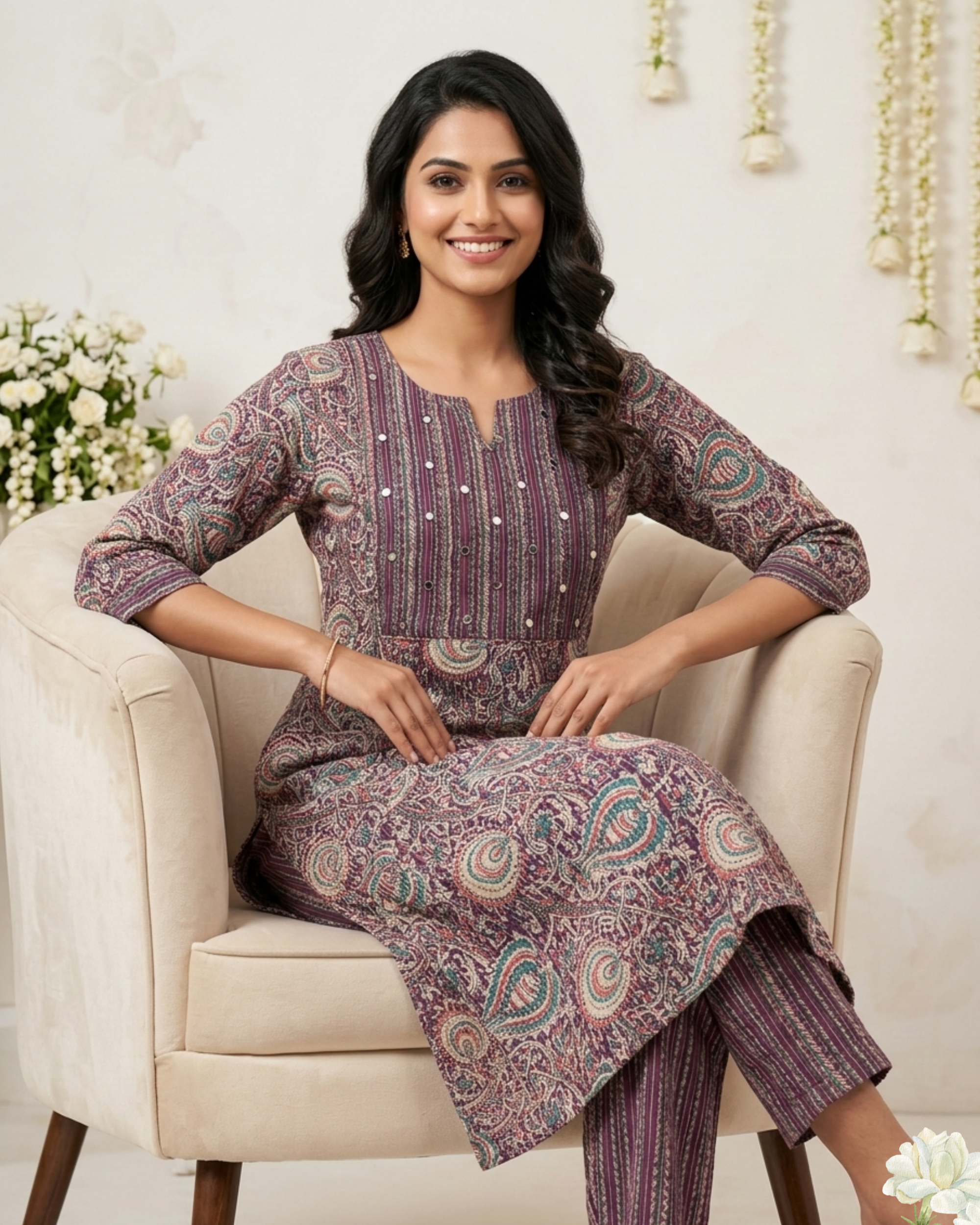 Purple Kalamkari Printed Mirror work Cotton Kurta Set