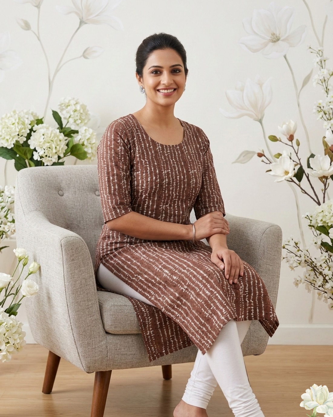 Women’s Brown Printed Straight Kurti – Casual Ethnic Cotton Kurta with Half Sleeves