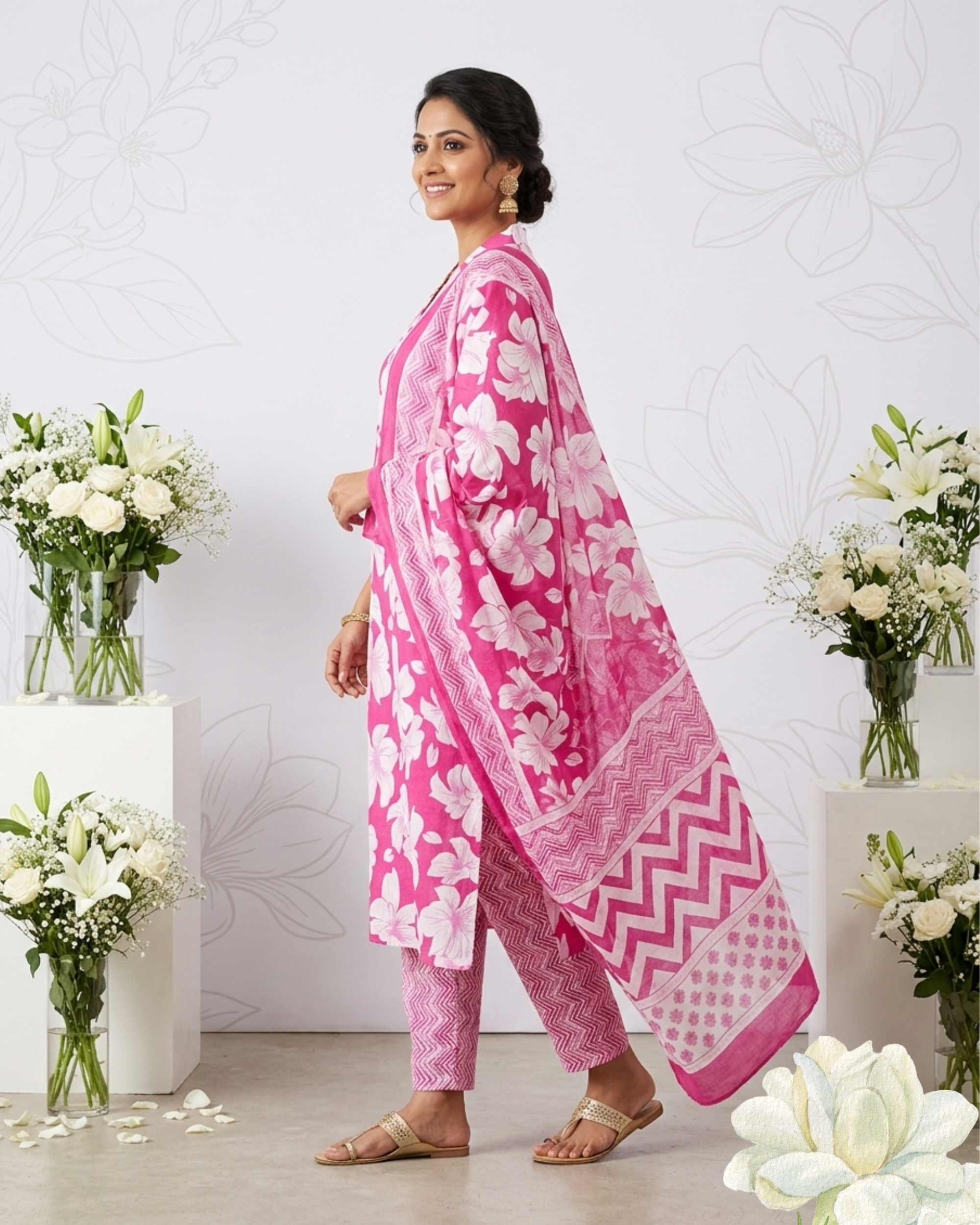 Pink Floral Printed Pure Cotton Kurti  Set with Dupatta