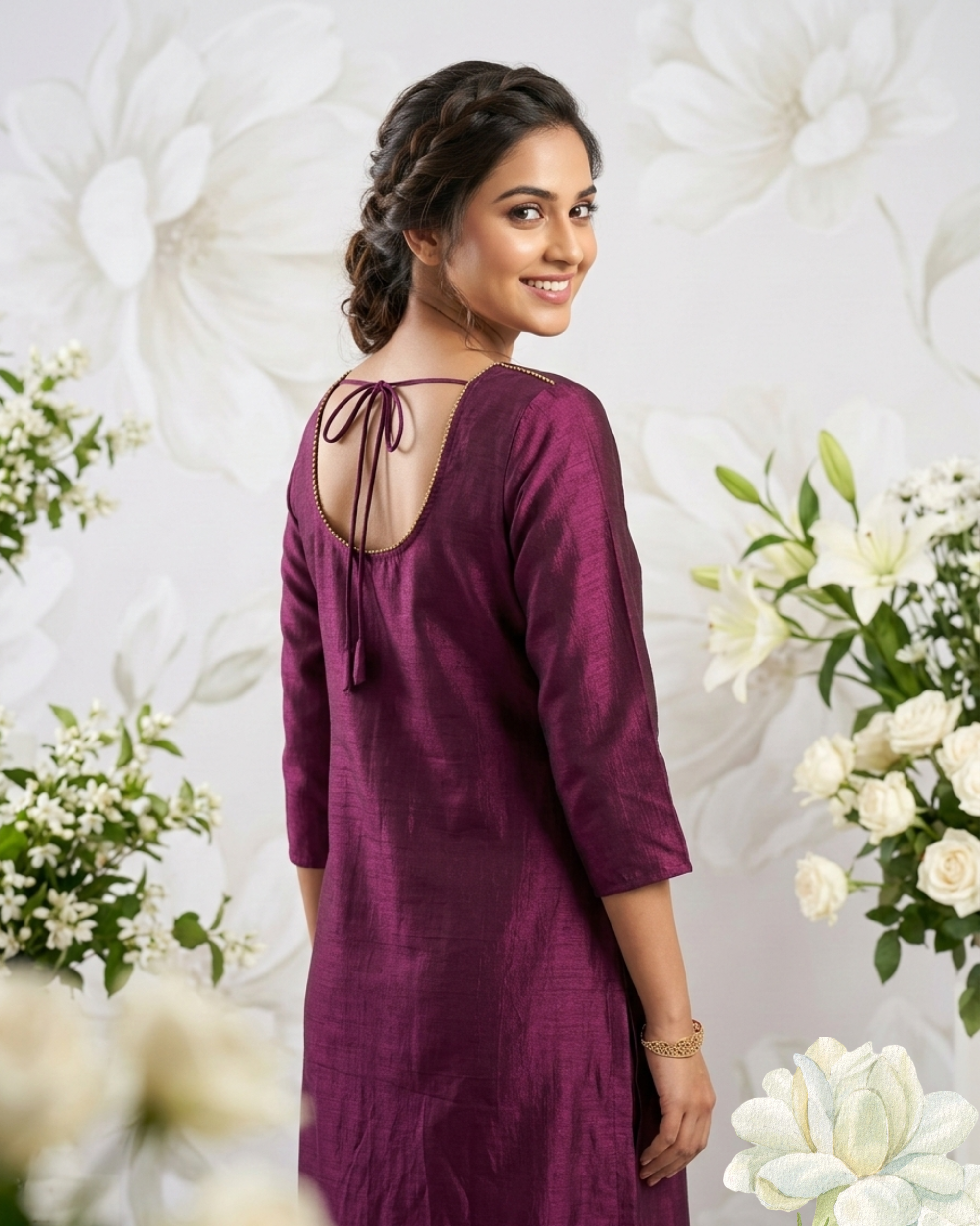 Elegant Wine Hand Work Vatican Silk Kurti