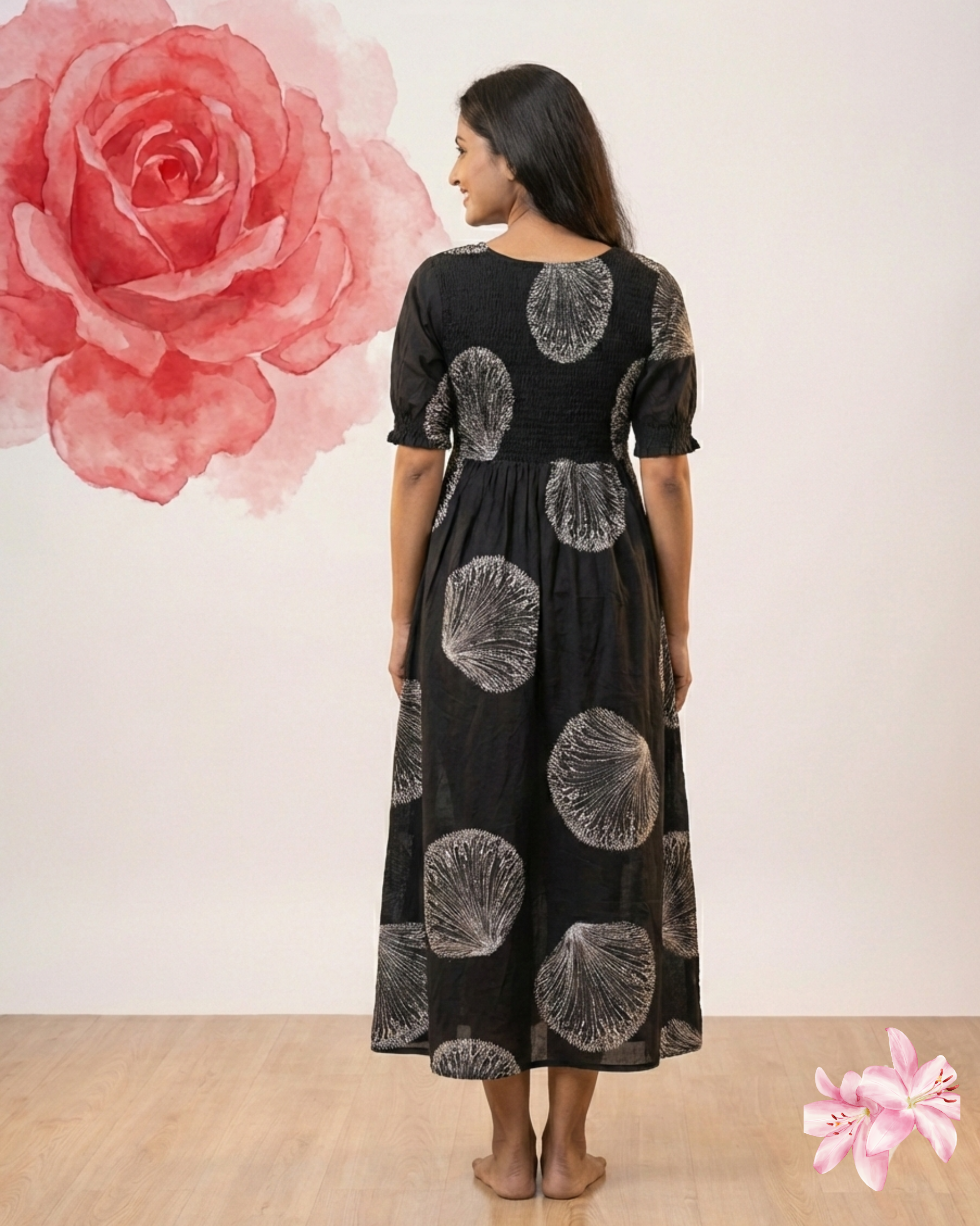 Premium Black Leaf Print Flowy Rayon Cotton Maxi Dress