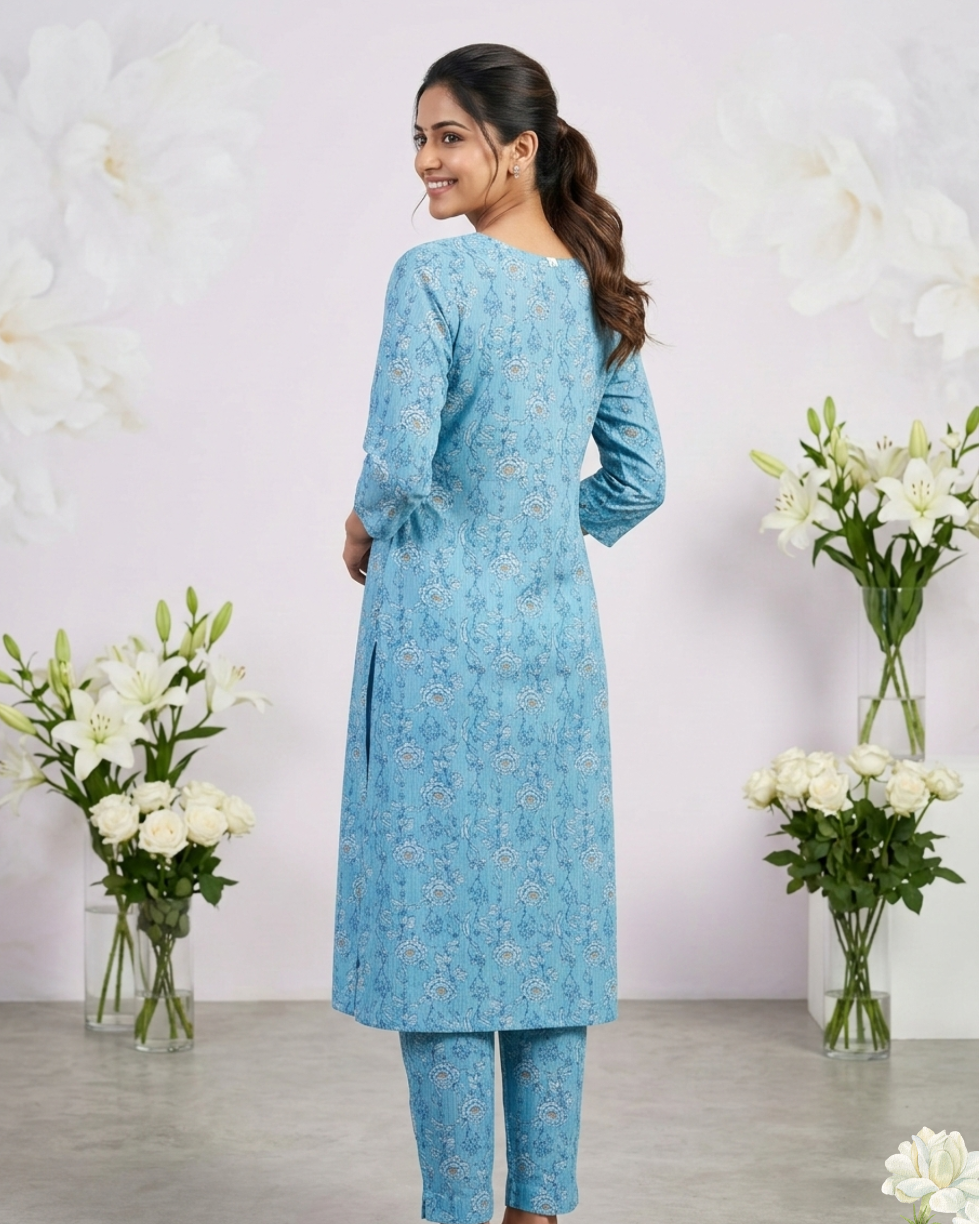 Sky Blue Ethnic Printed Mirror Work Cotton Kurti Set