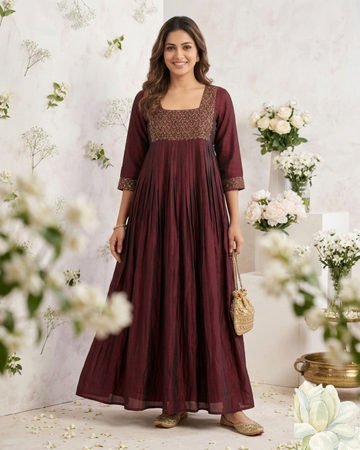 Maroon Embroidered  Anarkali Long Frock