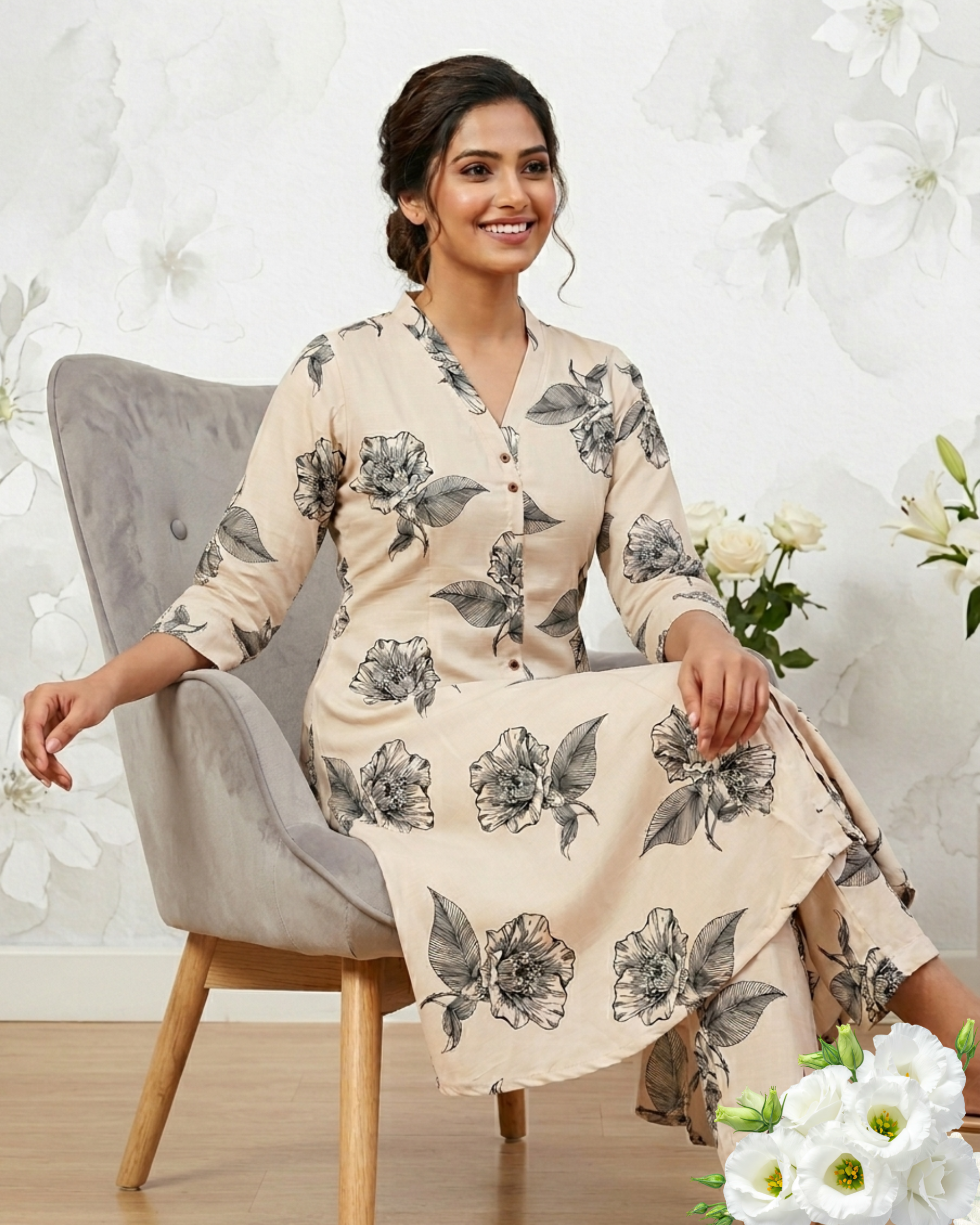 Beige Floral Printed Mulmul Cotton V-Neck Kurti Set
