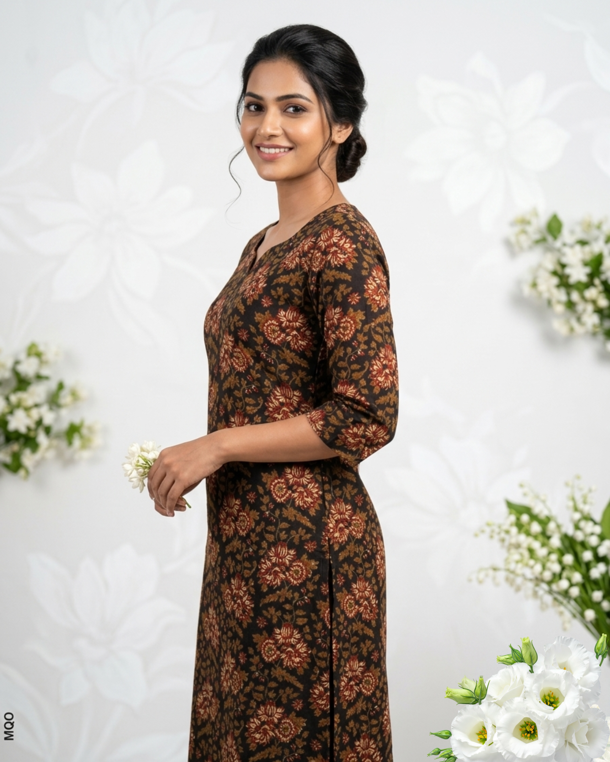 Brown & Orange Floral Printed Straight Cotton Kurti