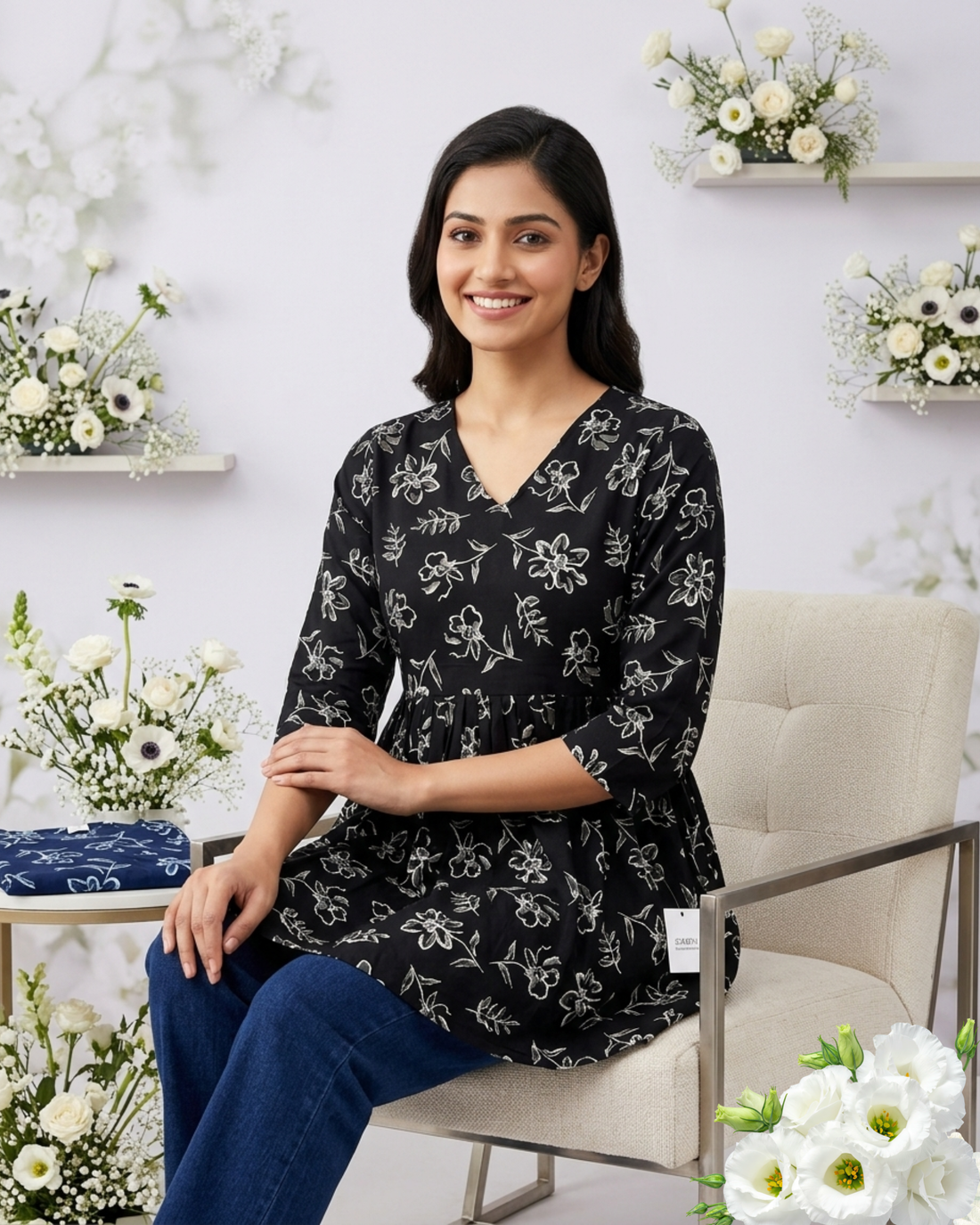 Elegant Black Floral Printed A-Line Tunic Top for Women – Casual & Daily Wear
