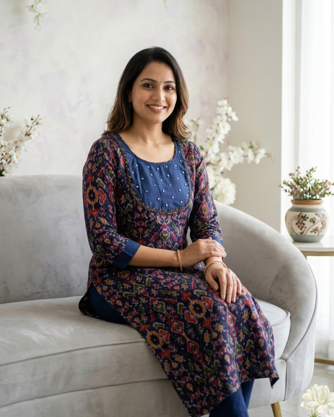 Navy Blue Ikat Print Kurti – Elegant Ethnic Straight Kurta for Women