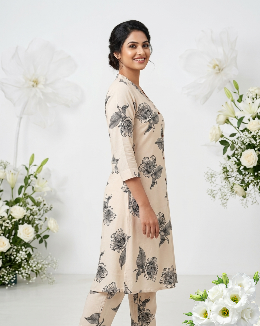 Beige Floral Printed Mulmul Cotton V-Neck Kurti Set