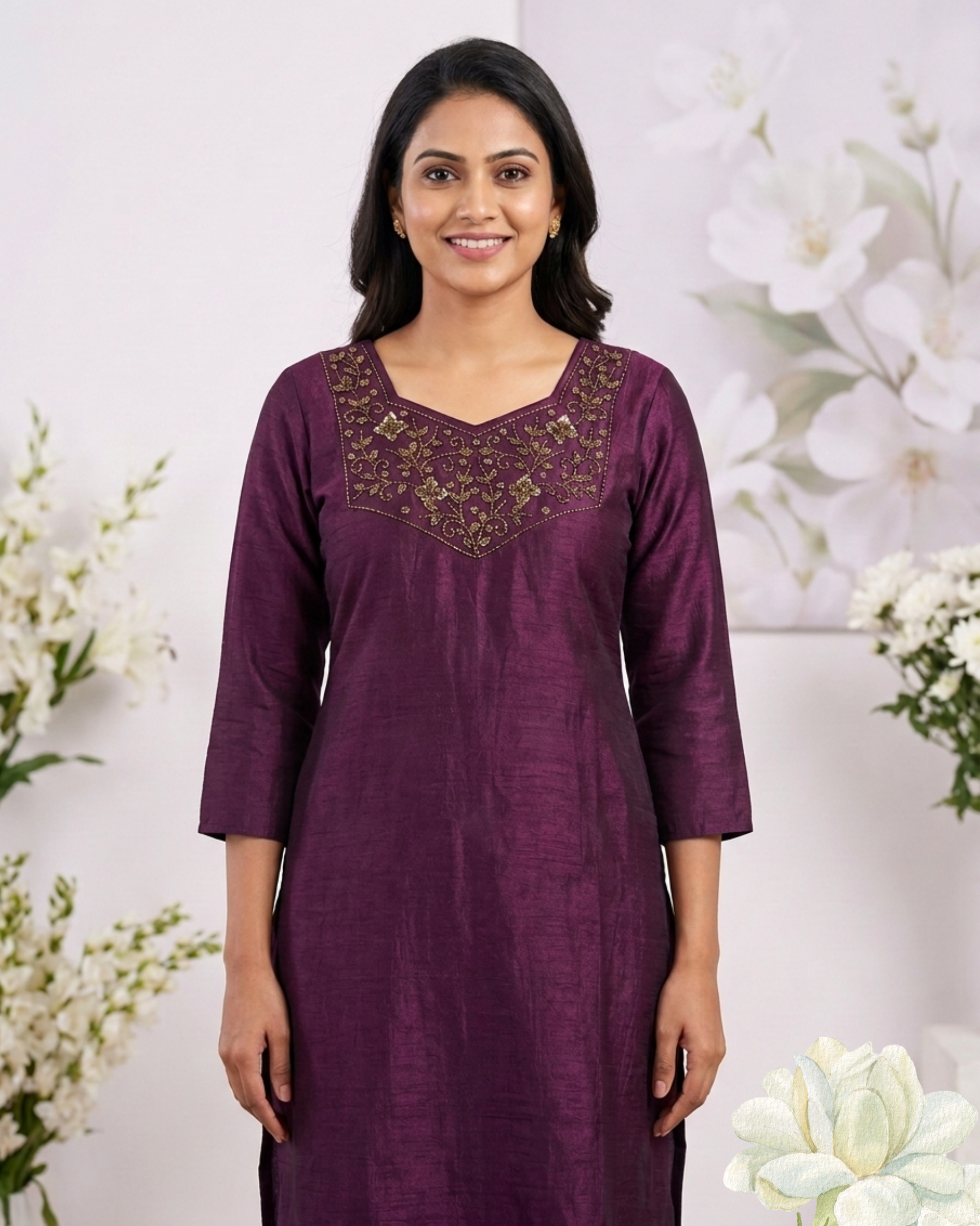 Elegant Wine Hand Work Vatican Silk Kurti
