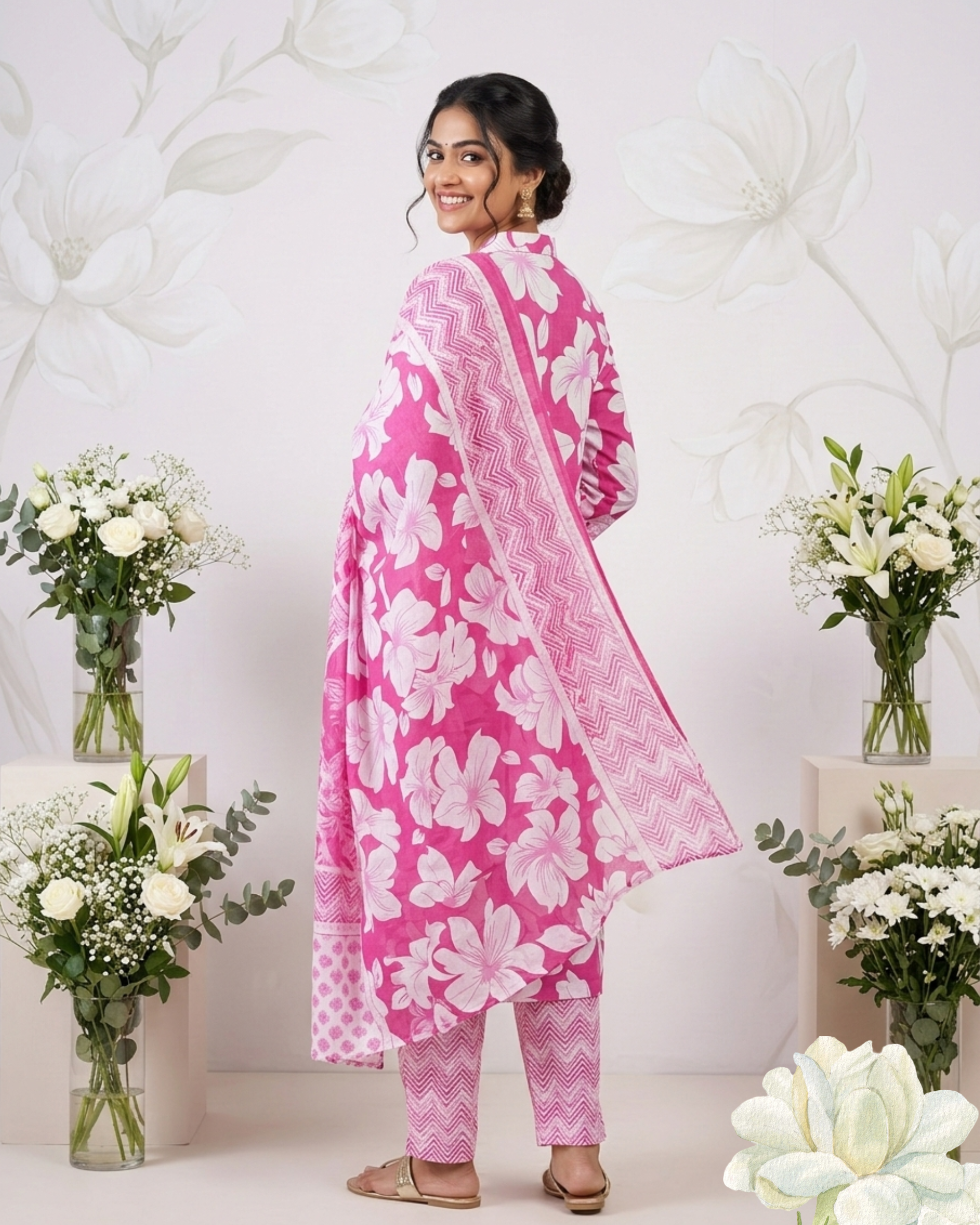 Pink Floral Printed Pure Cotton Kurti  Set with Dupatta