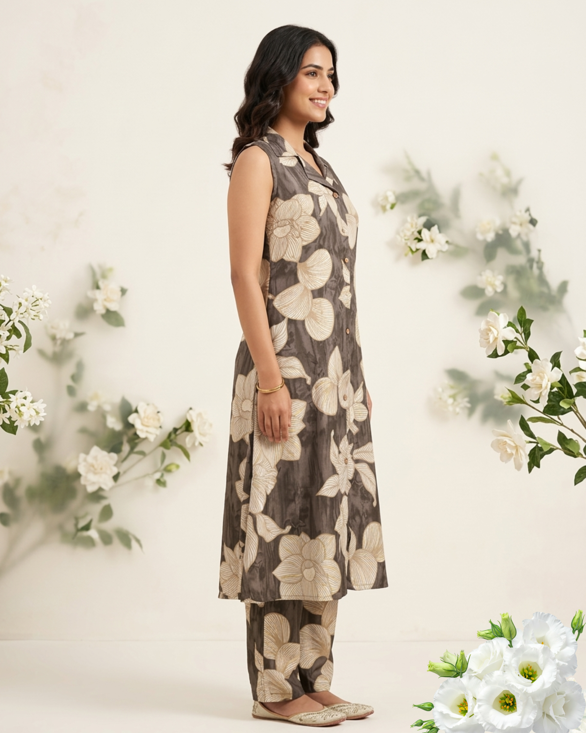 Olive Green Floral Printed Sleeveless Rayon Kurti Set