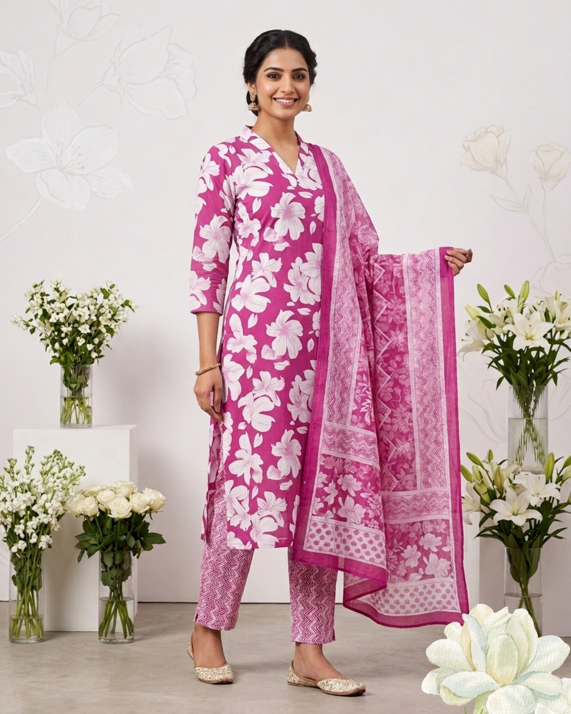 Pink Floral Printed Pure Cotton Kurti  Set with Dupatta