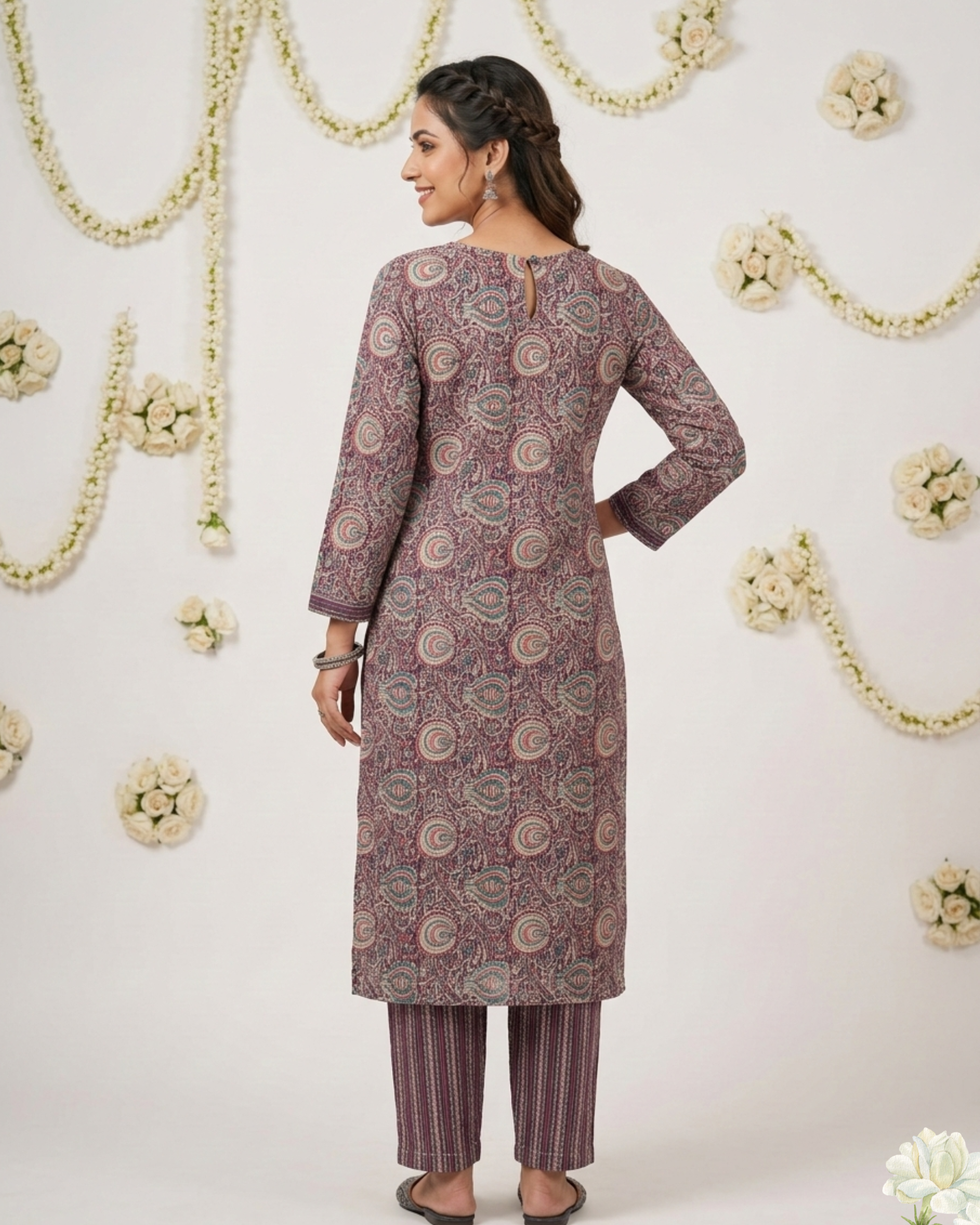 Purple Kalamkari Printed Mirror work Cotton Kurta Set