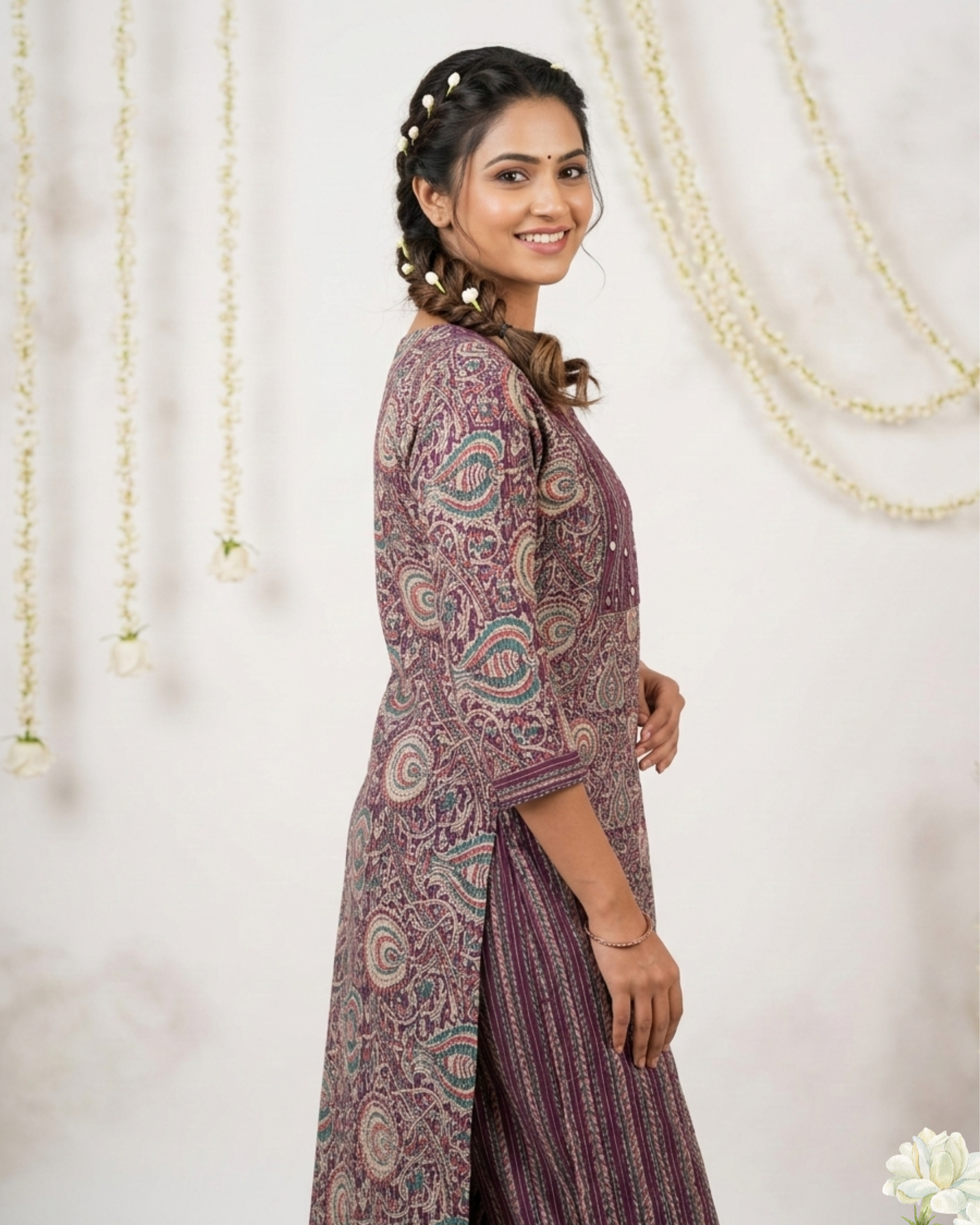 Purple Kalamkari Printed Mirror work Cotton Kurta Set