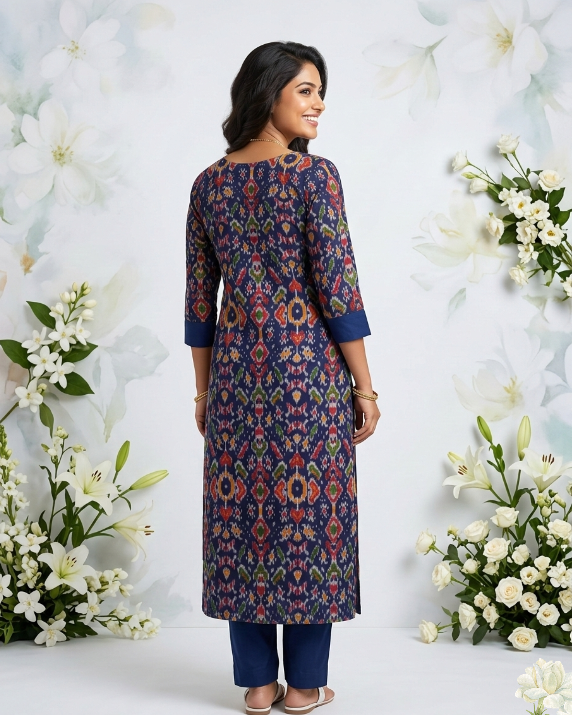 Navy Blue Ikat Print Kurti – Elegant Ethnic Straight Kurta for Women