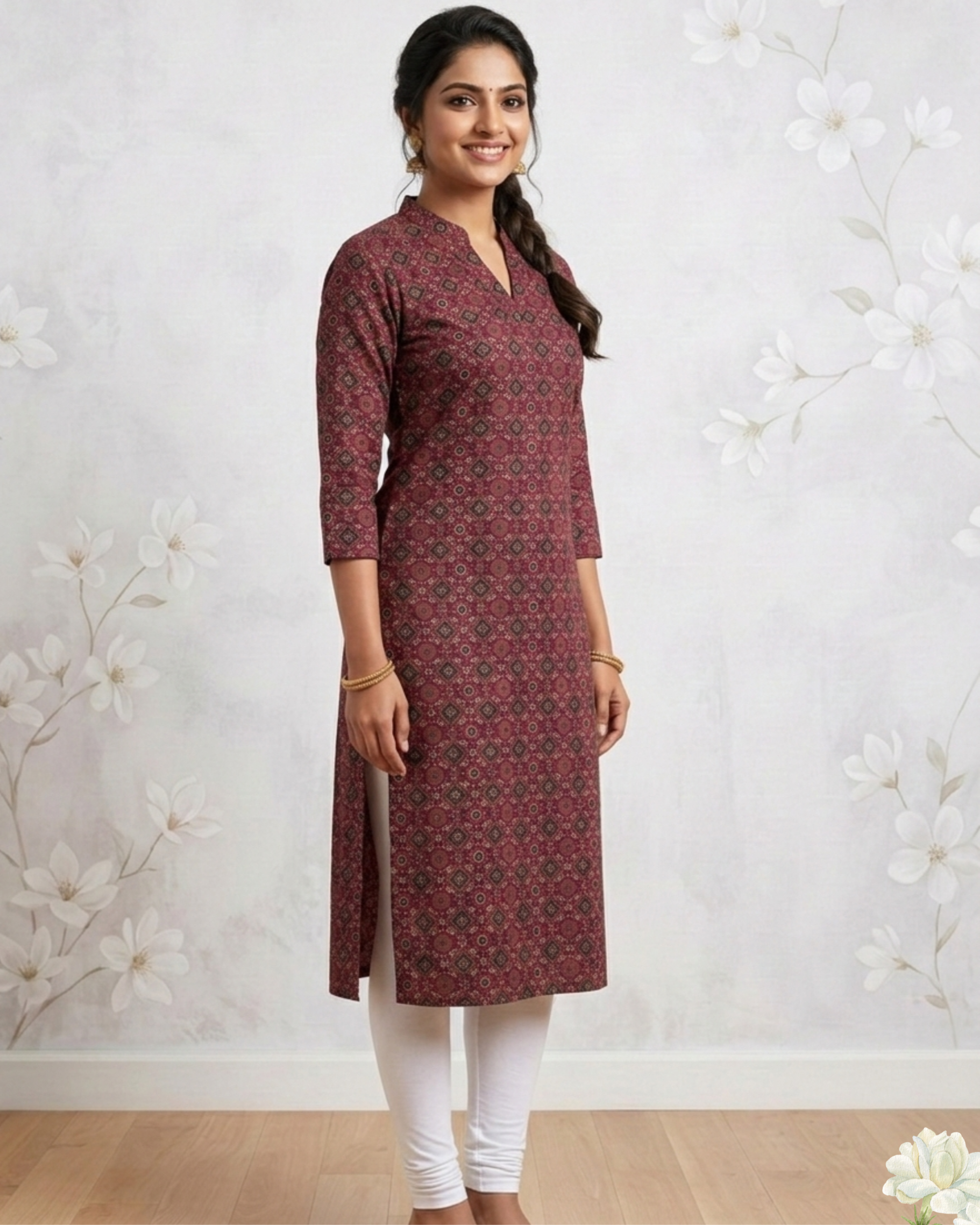 Elegant Maroon Printed Cotton Kurti for Women – Straight Fit Casual & Festive Wear