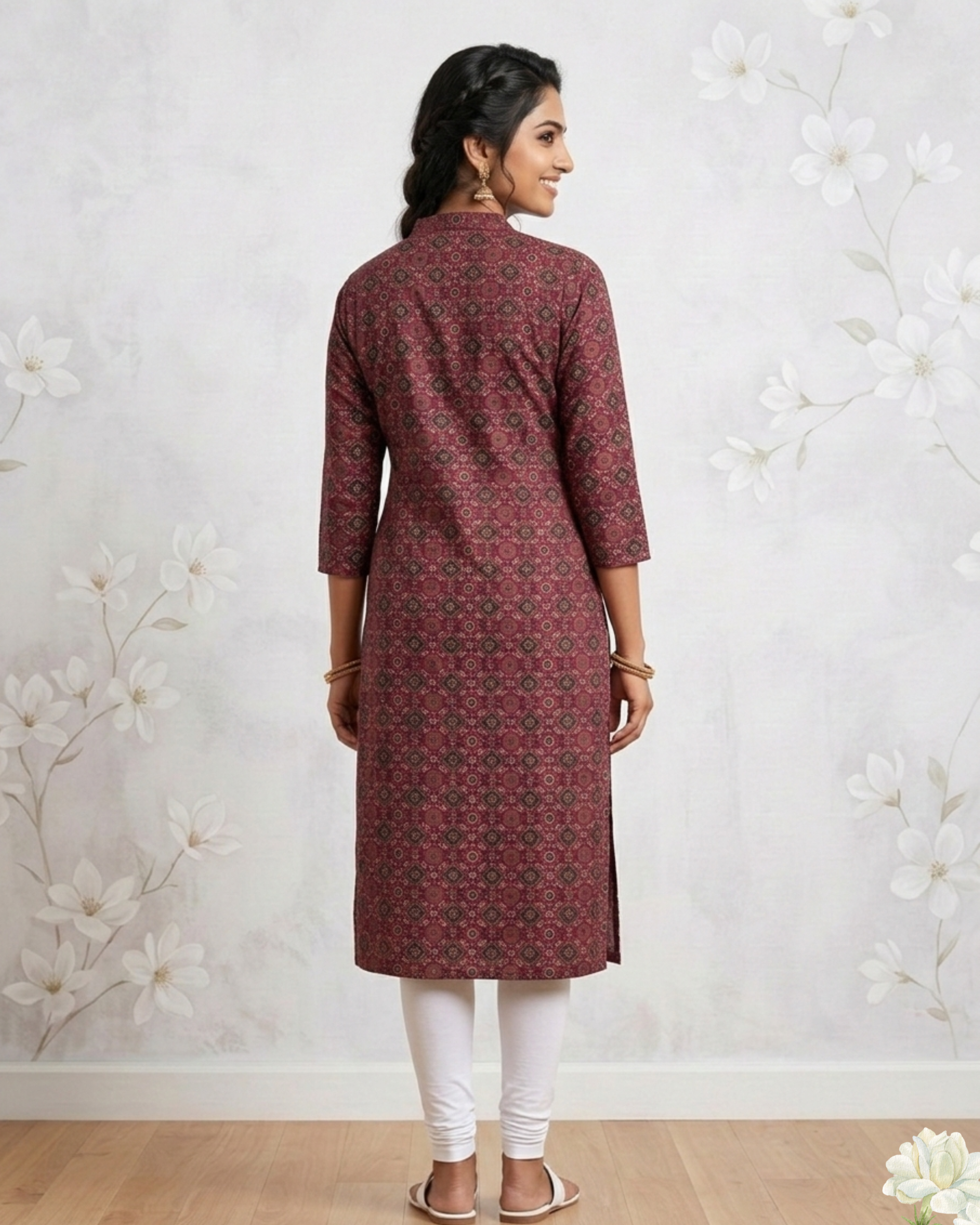 Elegant Maroon Printed Cotton Kurti for Women – Straight Fit Casual & Festive Wear