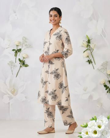 Beige Floral Printed Mulmul Cotton V-Neck Kurti Set
